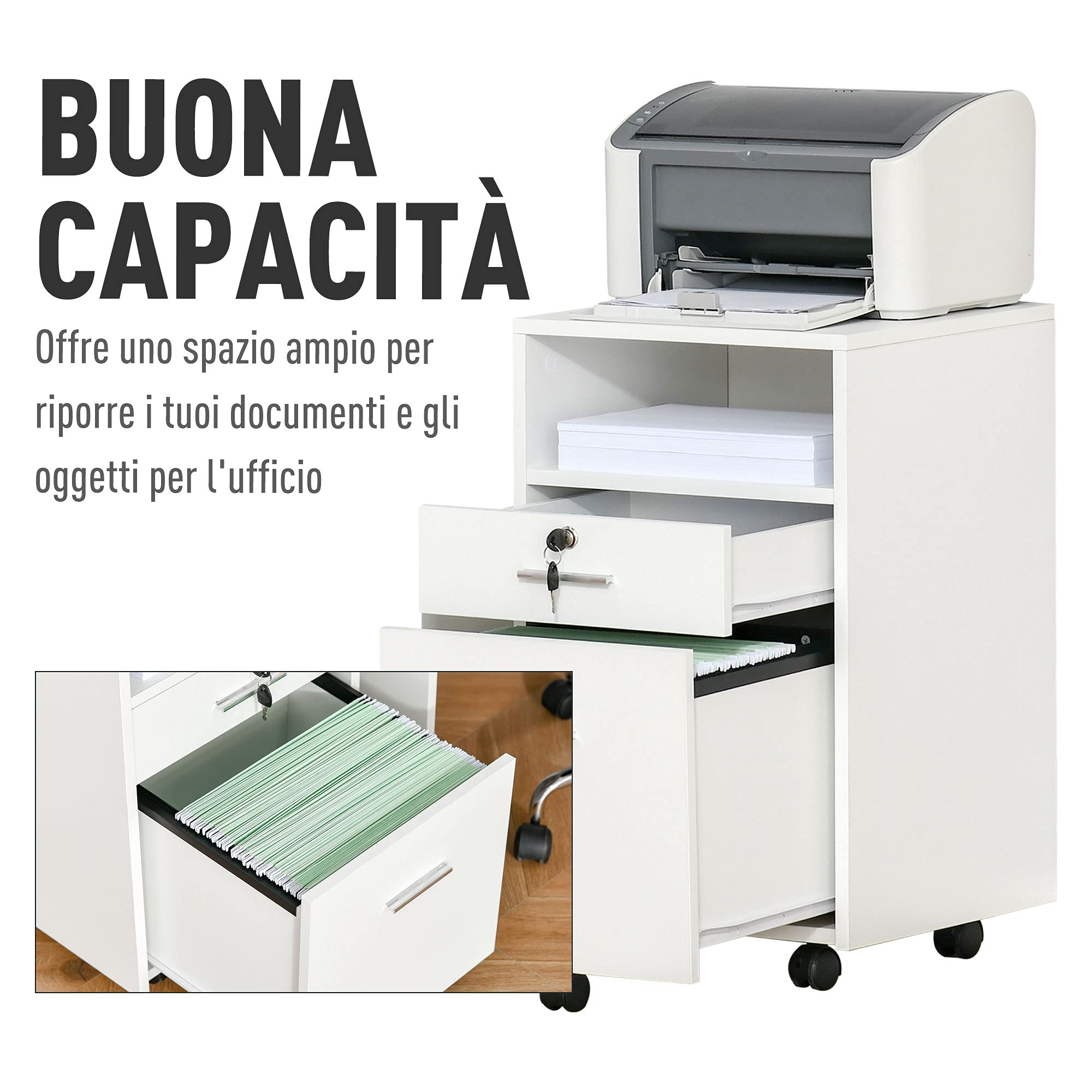 Vinsetto Schedario da Ufficio con 2 Cassetti, 5 Ruote e Ripiano Aperto, Cassettiera Ufficio con Serratura e 2 Chiavi per Lettera/Formato A4, Armadietto Verticale per Studio, 39x40x65 cm, Bianco
