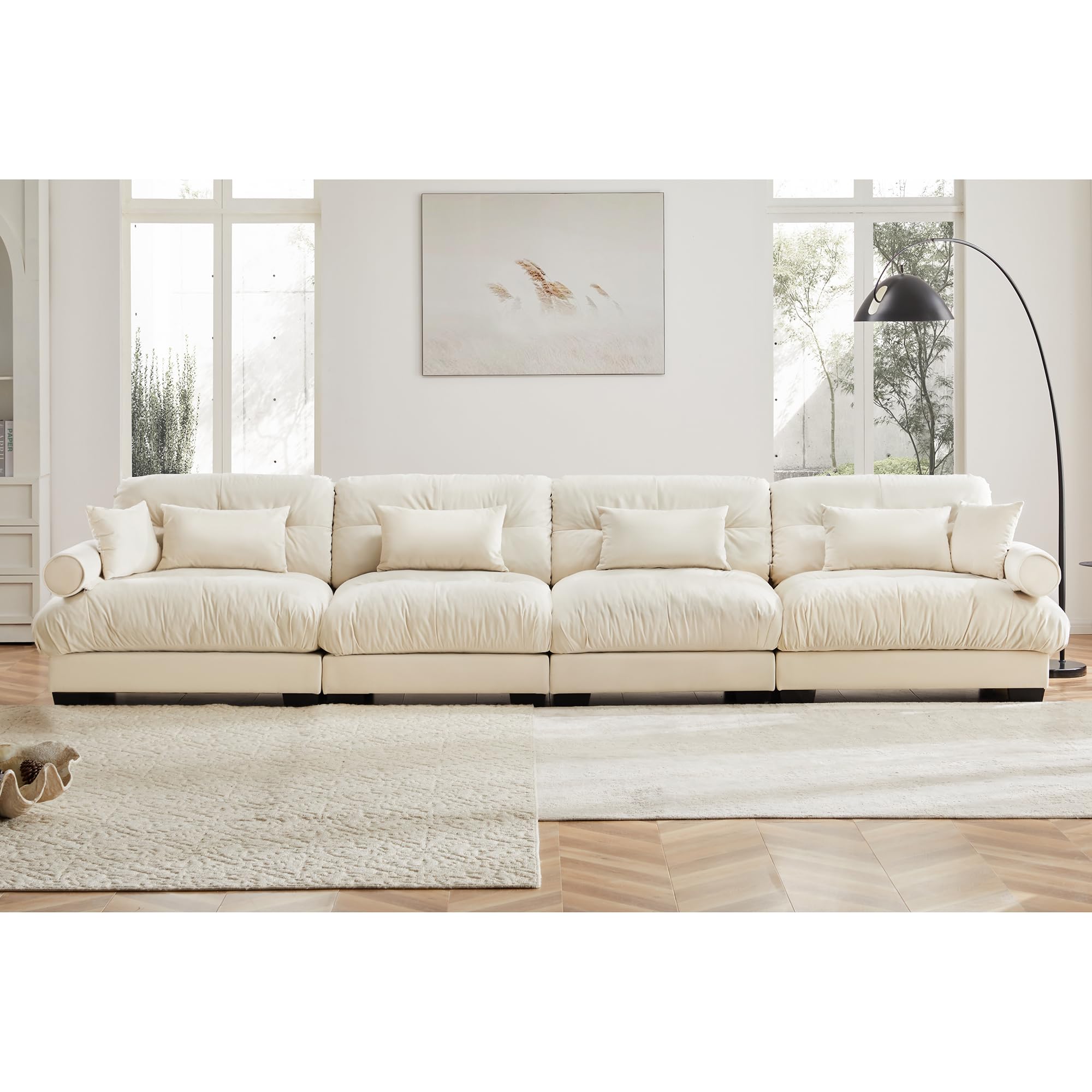 Ball &amp; Cast 166" Sectional Cloud Couch,Modular Velvet Sofa with Bolstered Armrests,6 Pillows,Deep Seat,Convertible L Shaped Couch for Living Room,Modern Comfy Sofa,Cream