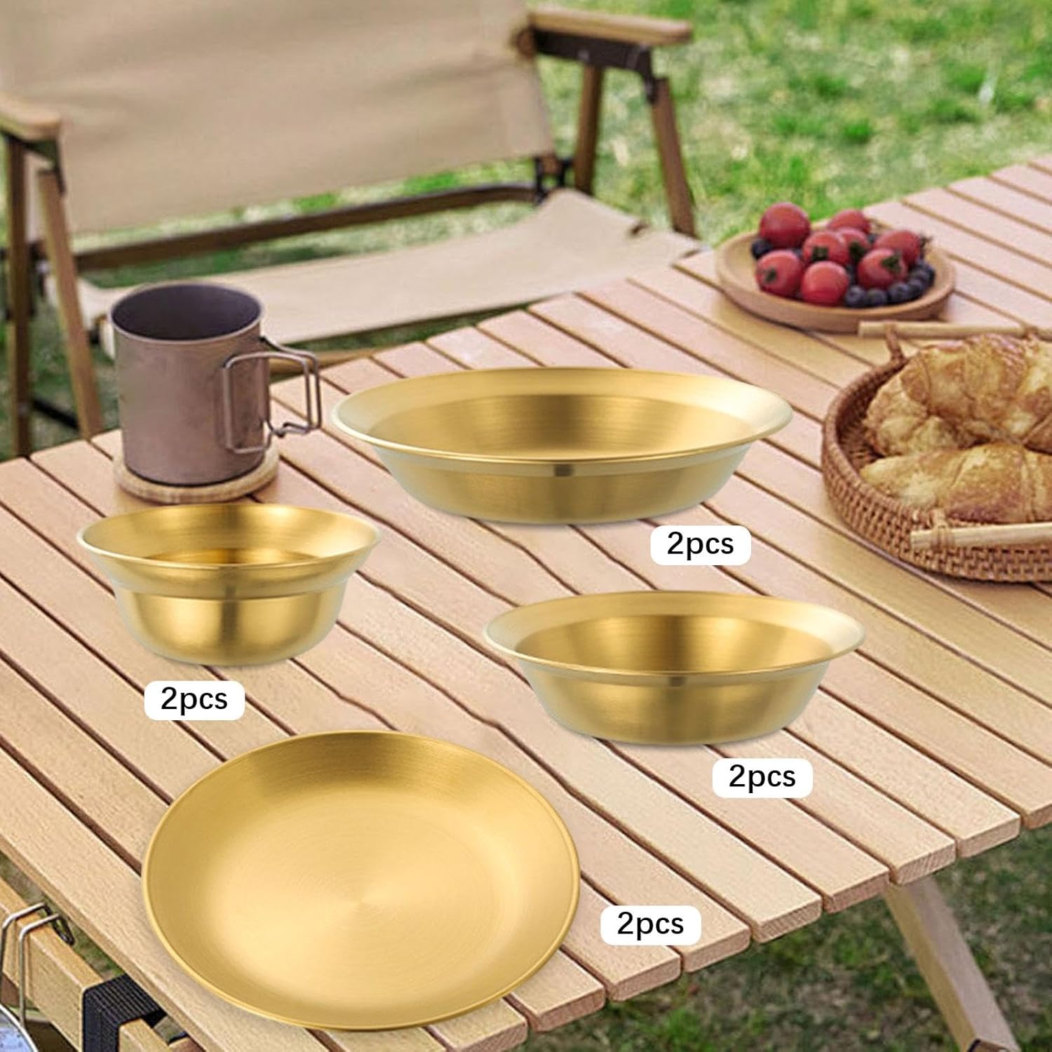 Stainless Steel Plates and Bowls Dinnerware Set Cutlery Camping Utensils Outdoor Tableware for Travel RV Picnic Barbecue