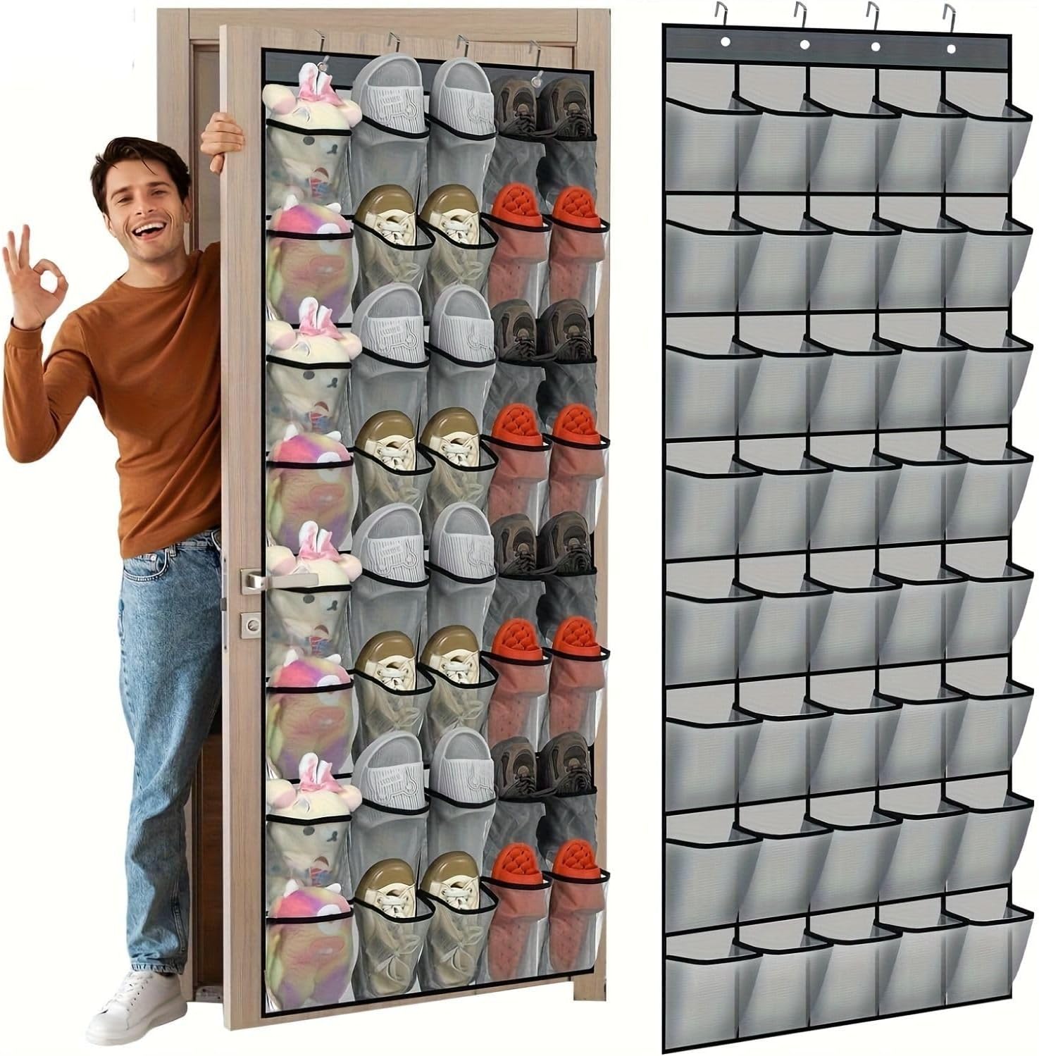 40 Pockets Over the Door Shoe Organizer Large Deep Pocket Hanging Shoe Organizer Door Shoe Organizer Door Shoe Rack Shoe Rack for Door Door Hanging Shoe Organizer (Gray, 40 Pockets)
