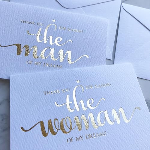 Miniatura 3 de MAGJUCHE Thank You for Raising The Man, The Women of My Dreams, Juego de tarjetas de boda de lámina dorada para tus suegros, de novia y novio