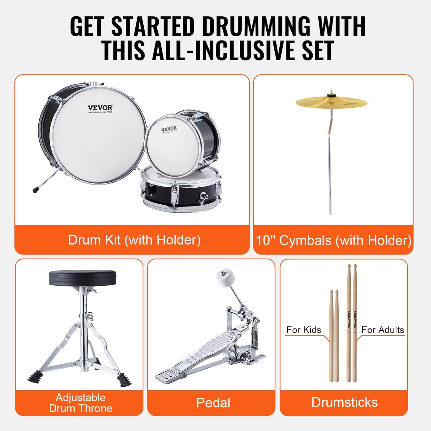 VEVOR Kids Drum Set, 14 in 3-Piece Beginner Drum Sets Junior Drums Set with Adjustable Throne, Two Pairs of Drumsticks, Cymbal, Pedal，Tom Snare Bass, Starter Drum Kit for Children, Black