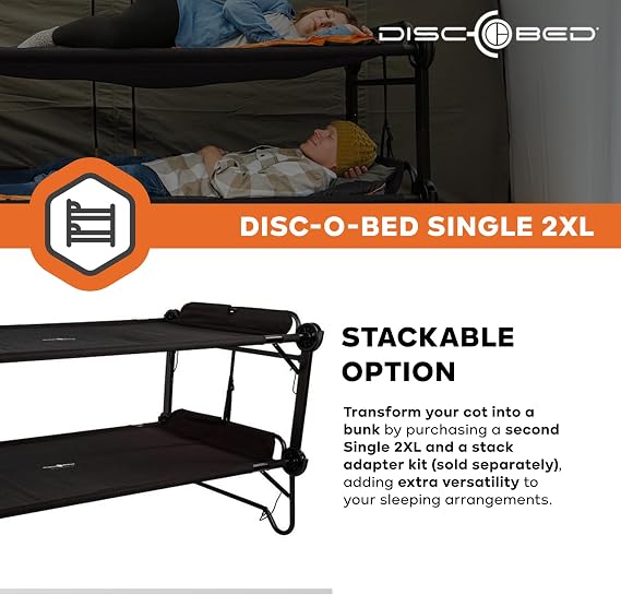 Disc-O-Bed 2XL Outdoor Modular 1 Person Single Camping Cot Portable Bed with 2 Height Options for Adults, Sleep Solution for Tents, Black
