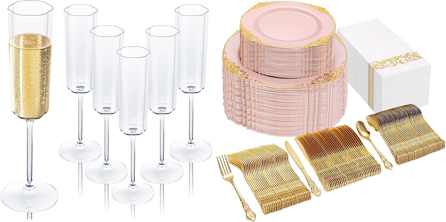 Ciaell 24 Pack Clear Plastic Champagne Flutes and 300PCS Pink and Gold Plastic Plates for Thanksgiving & Parties & Weddings & Poolside & Toasting & Outdoors