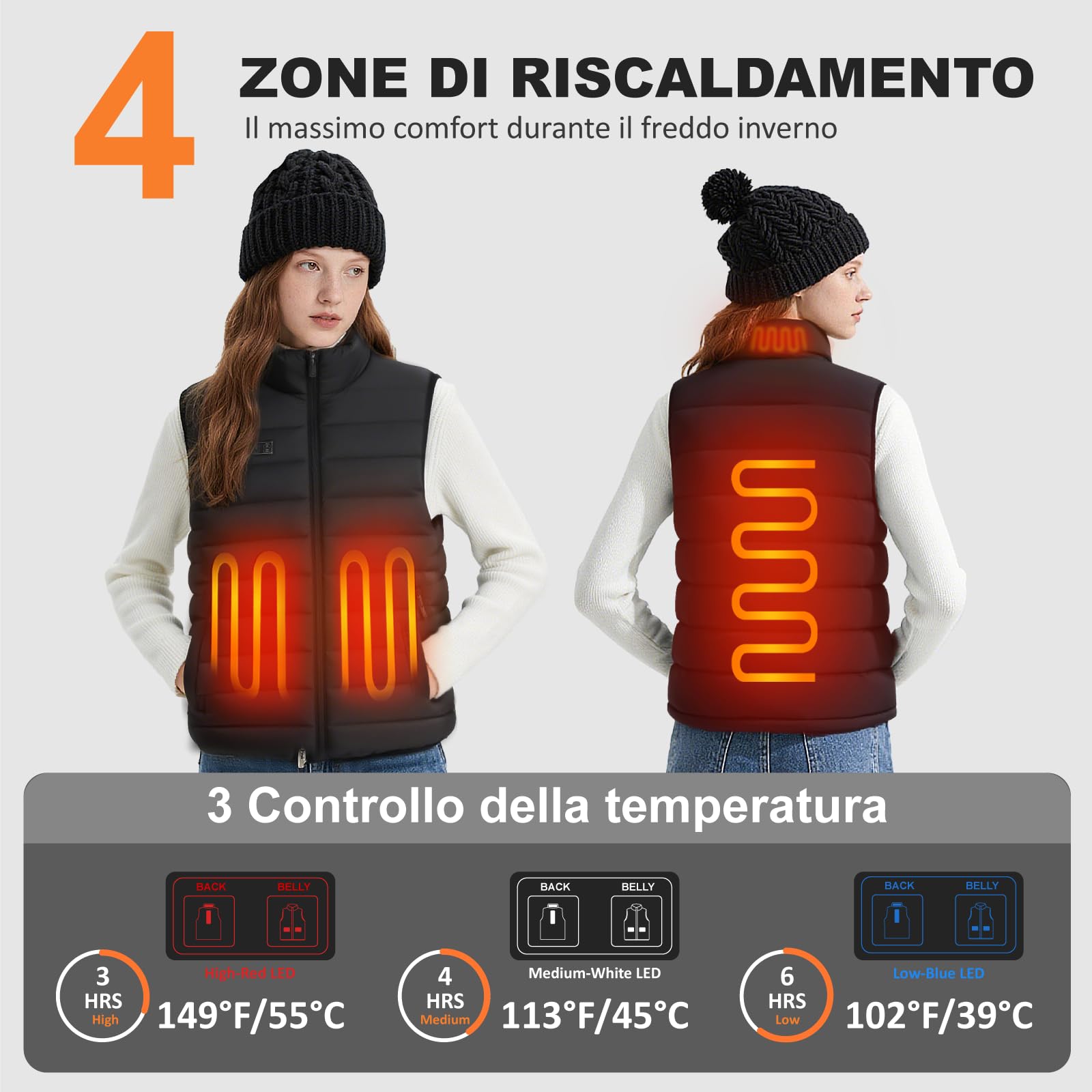 seenlast Gilet Riscaldato Donna, Giubbotto Riscaldato Donna con Batteria da 10000 mAh, Elettrico Gilet Riscaldante Leggero con 4 Zone di Riscaldamento, 3 Temperatura Regolabile, Lavabile in Lavatrice