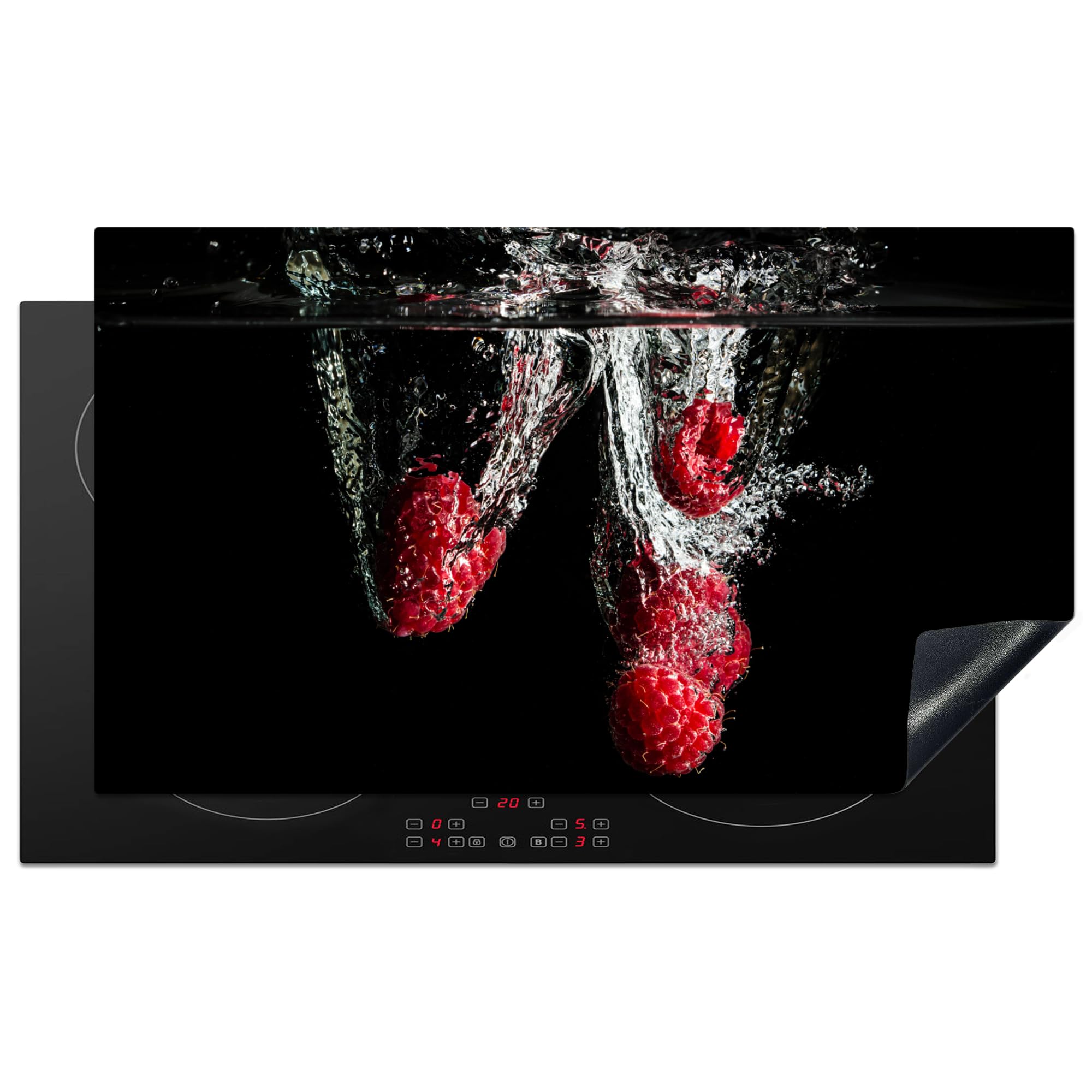 KitchenYeah© Induction Hob Protector Mat 20.8"x36" / 91.6x52.7 cm Cooker Top Protectors Cover Ceramic Covers Electric Hobs Vinyl Raspberries - Fruit - Still Life - Water - Black - Red