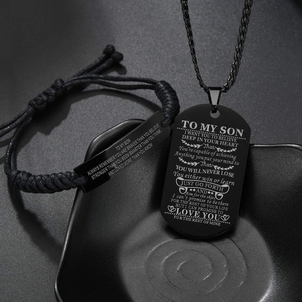 Butishop To My Son Necklace Bracelet Set Engraved Black Stainless Steel Dog Tag Pendant Adjustable Rope Bracelet Inspirational Gift from Mom or Dad Military-Style Graduation Birthday Christmas, Hypoallergenic