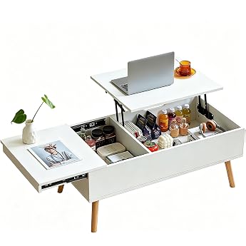 Coffee Table Height Adjustable with Sliding Plate Coffee Table with Storage Space Modern Living Room Table Coffee Table with 2 Large Separate Hidden Storage Compartments White - 100 x 50 x 43.5 cm