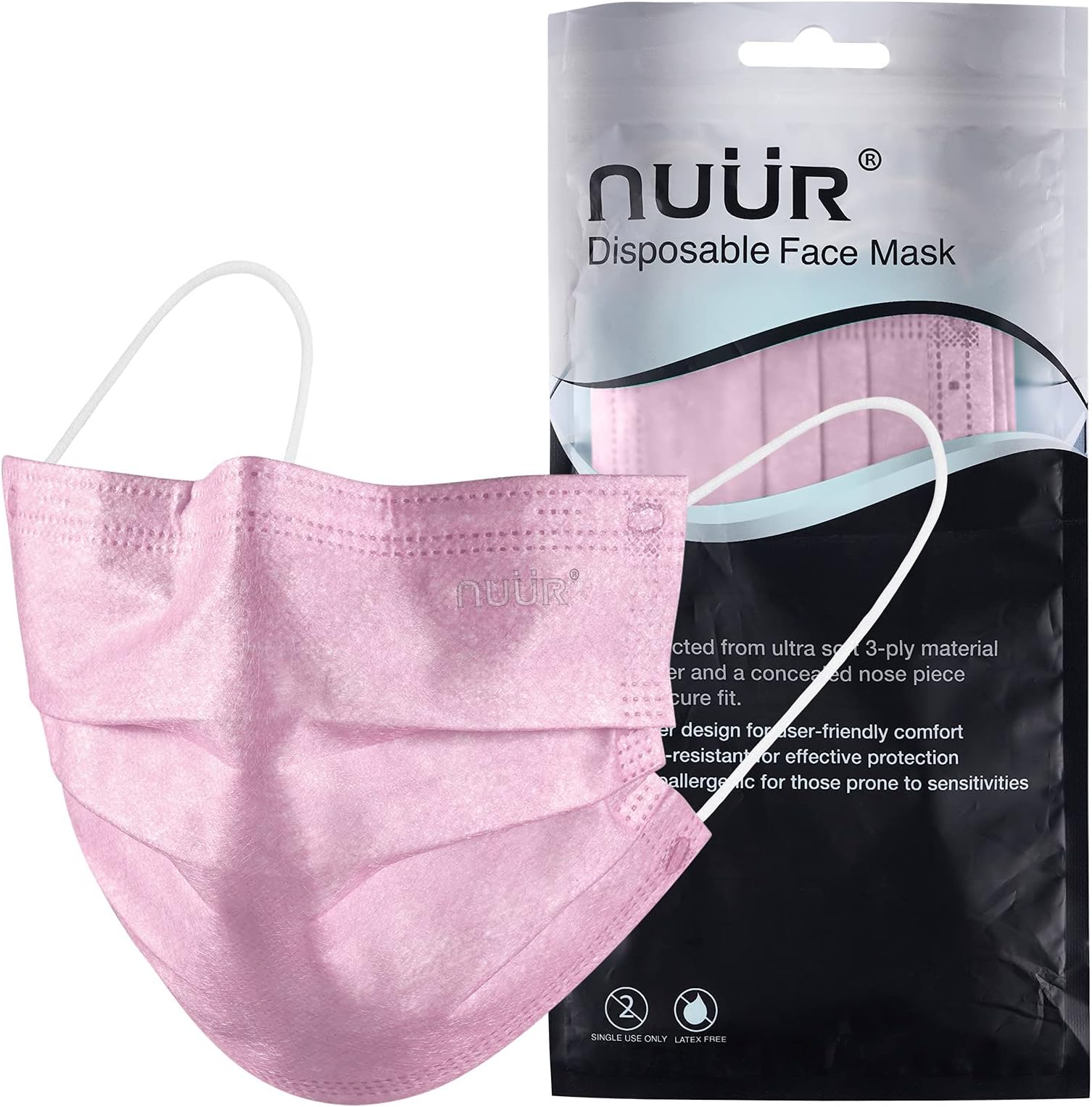 NUÜR10pcs 3 Ply Disposable Face Mask, Mask with Filter Layer and Elastic Earloop, Retail Sealed bags, Pink