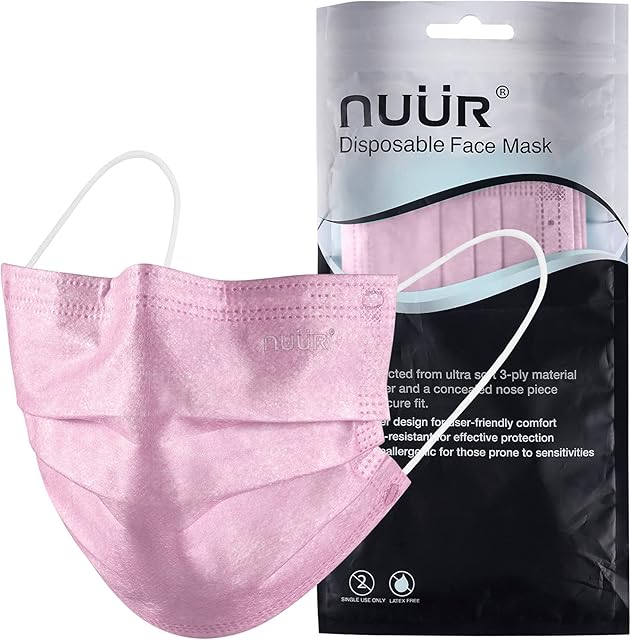 NUÜR 10pcs 3 Ply Disposable Face Mask, Mask with Filter Layer and Elastic Earloop, Retail Sealed bags, Pink