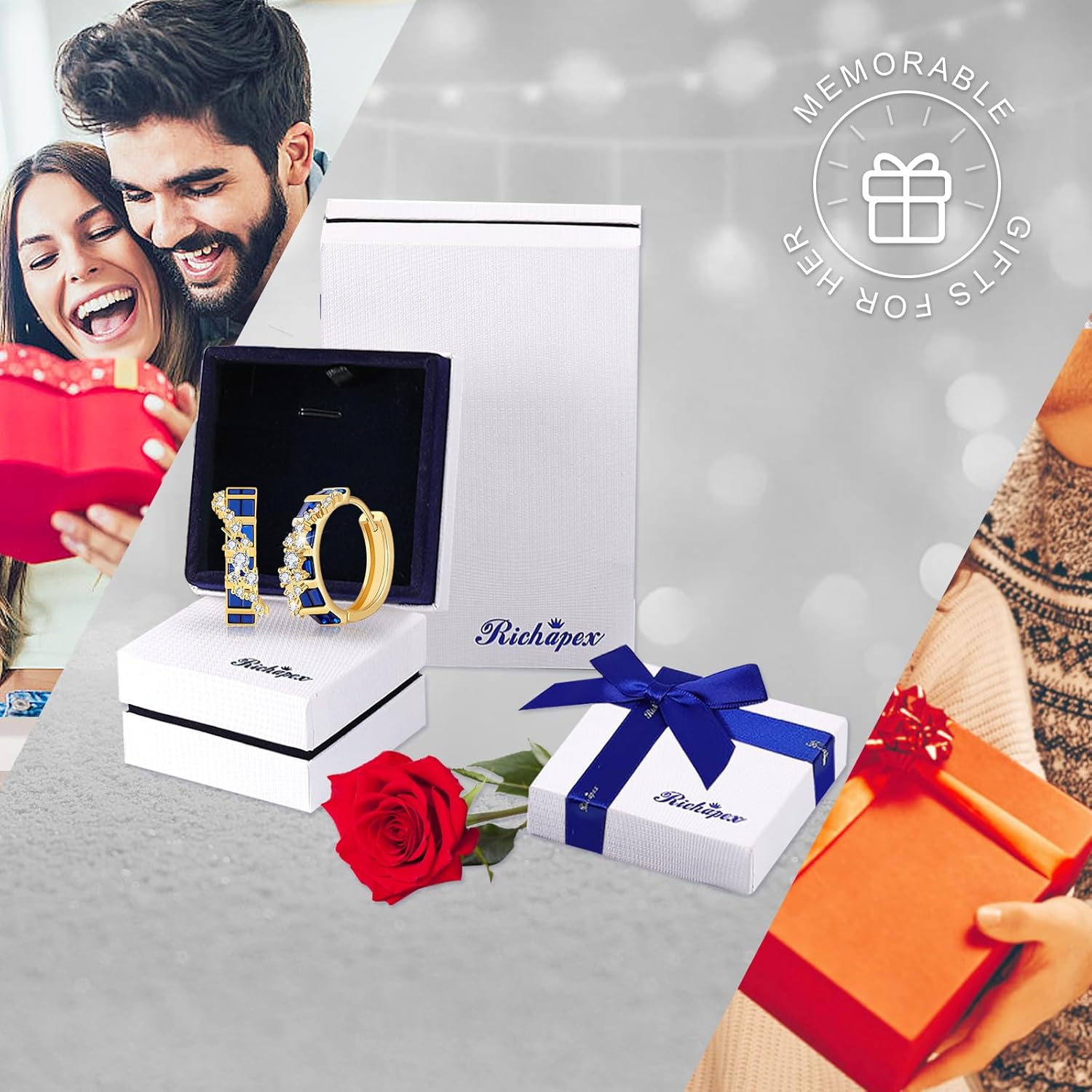 Richapex Sapphire Earrings for women, 18K Gold Plated Crystal Flower Earrings | Small Hoop Earring |Gold Earring for Women - Image 7