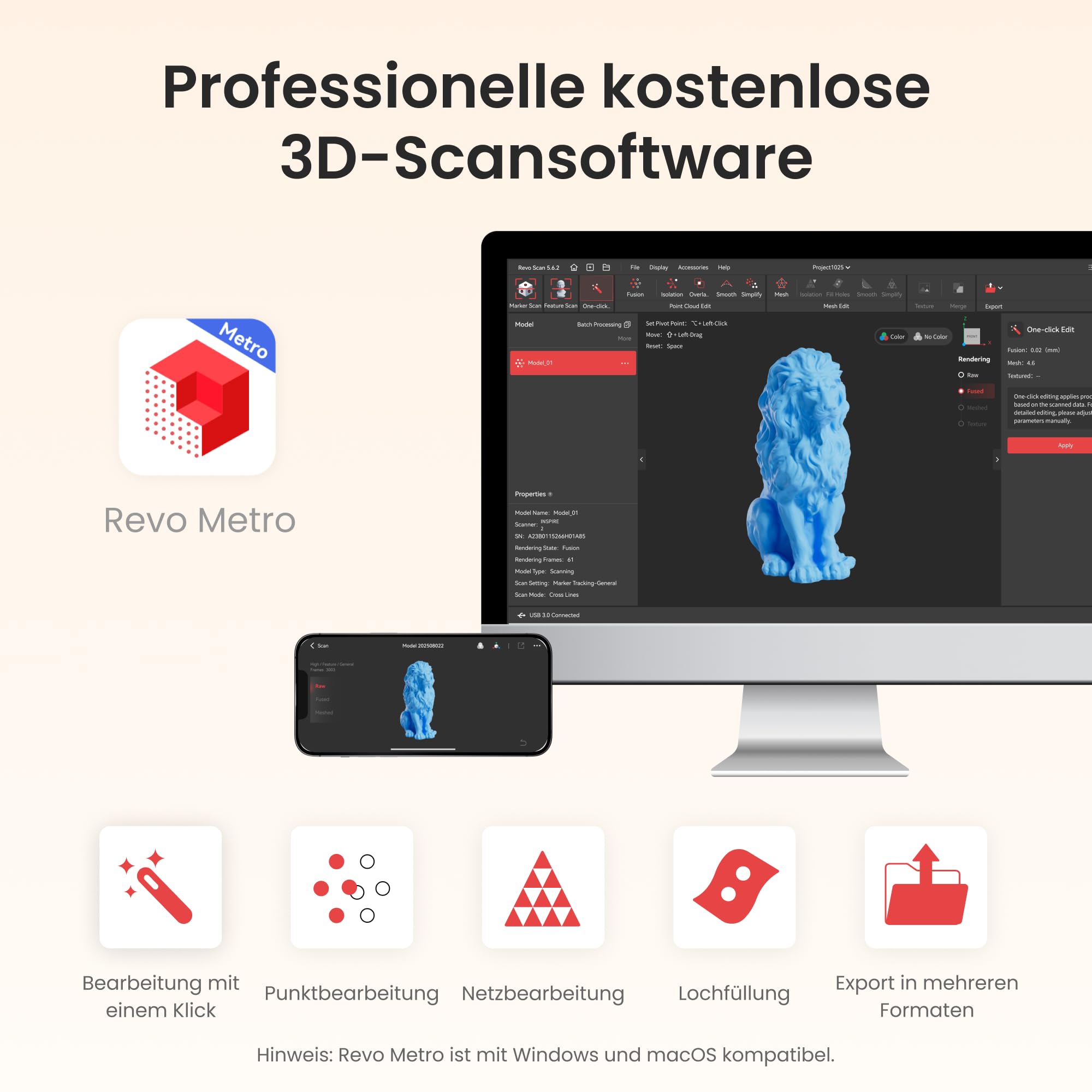 Revopoint INSPIRE 2 3D-Scanner für 3D-Druck, bis zu 0,03 mm Präzision, Mehrstrahl-Laser & Strukturiertes Licht, Scannen im Freien & Kabelloses Scannen, Vollfarbscans, Optischer Zoom, 190g, Standard