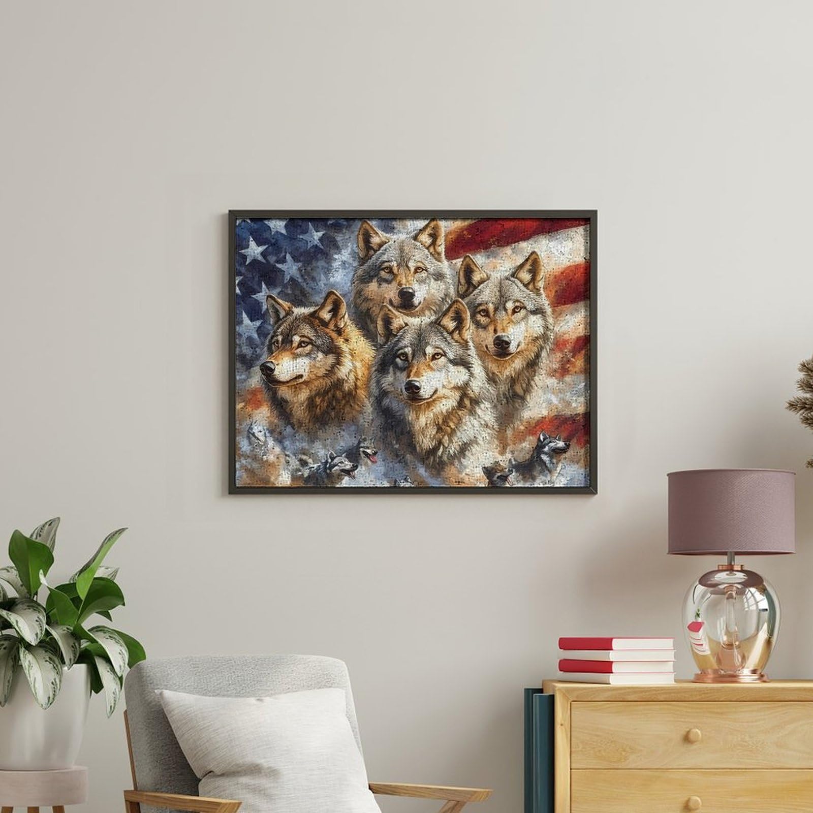 Malen nach Zahlen, Motiv: Wolf mit US-Flagge, für Erwachsene, Anfänger, bunt, DIY, einfaches Malen für Zuhause, Wanddekoration