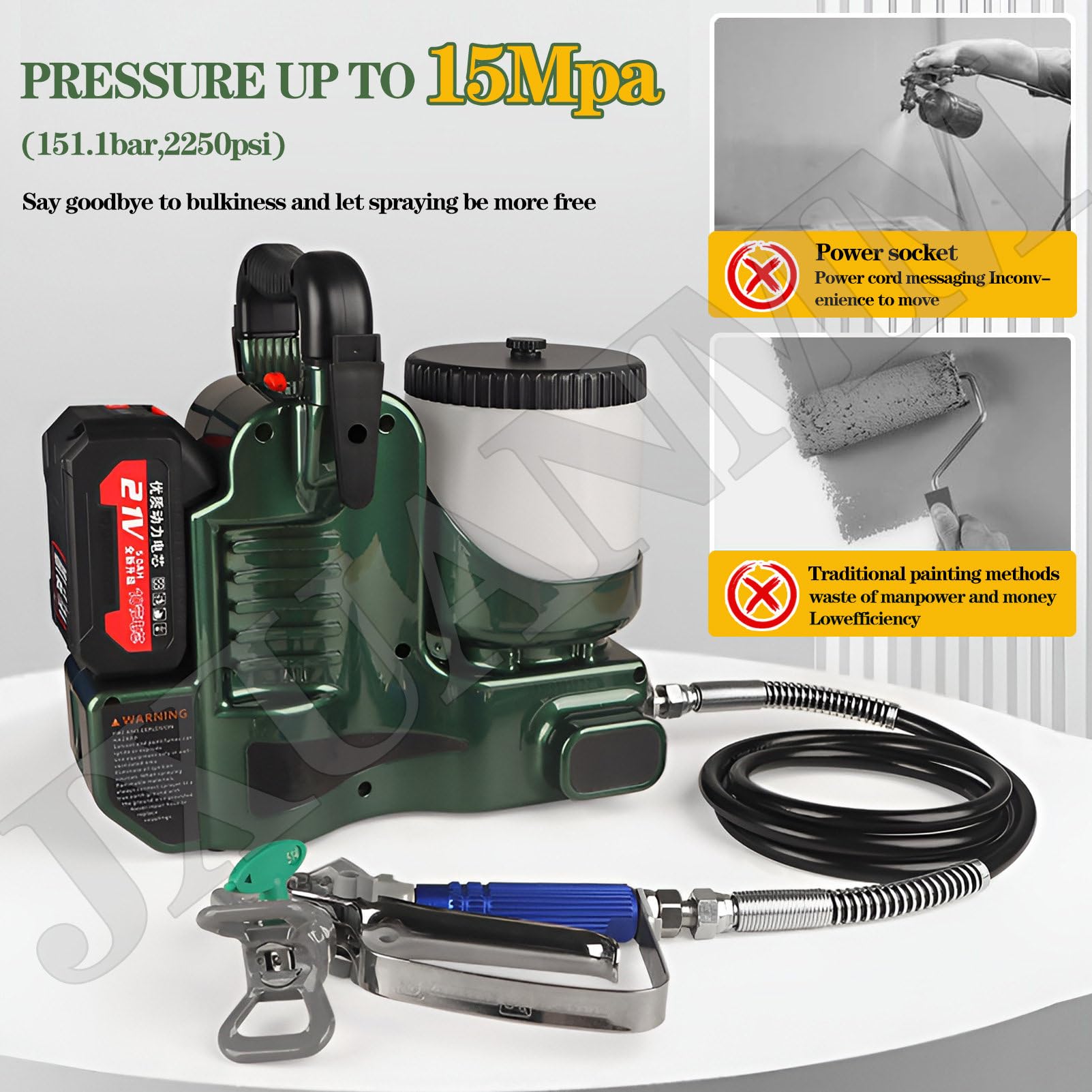 Pistola a spruzzo airless Senza Fili da 500 W, Pistola a spruzzo elettrica Portatile ad Alta Pressione (15 MPa) da 1,2 l, con Batteria al Litio da 21 V, 6 velocità Regolabili Green-1Battery