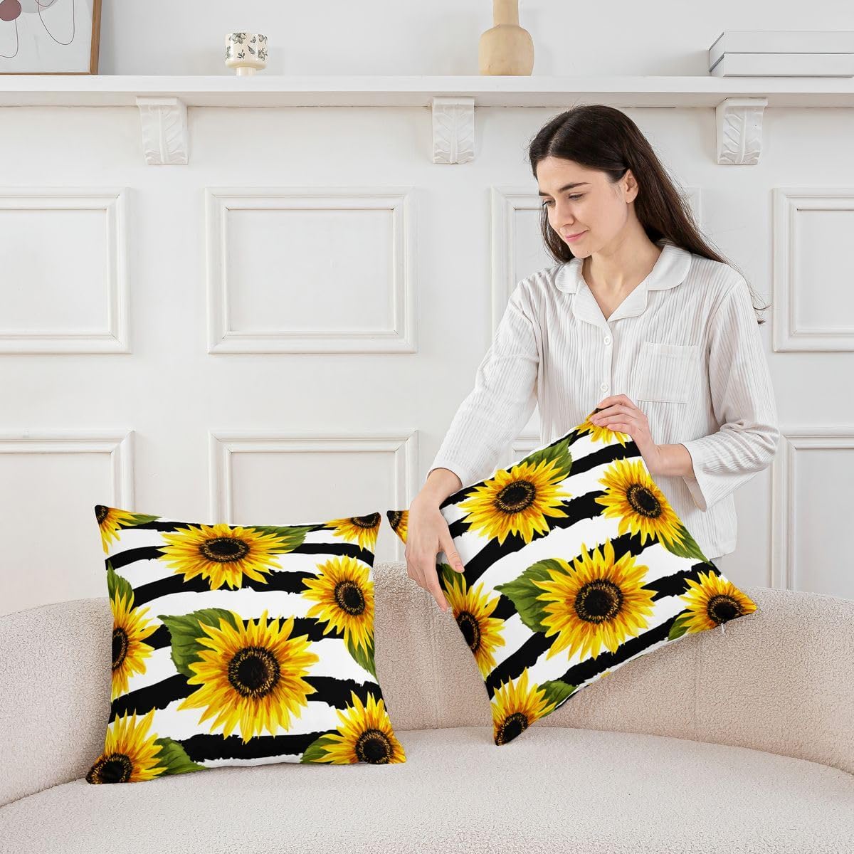 Feelyou Set of 2 Sunflower Throw Pillow Covers, Stripes Panormatic Printed Cushion Case for Home Living Room Decor, Reversible Blossom Garden Theme Decorative Throw Cushion Case, 24x24 Inches