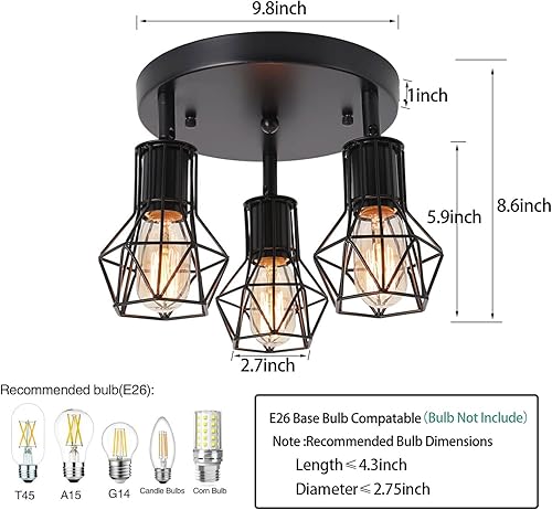 Miniatura 3 de Lámpara de techo de montaje empotrado de 3 luces, lámpara de techo industrial para cocina, E26, color negro, para comedor, pasillo, entrada