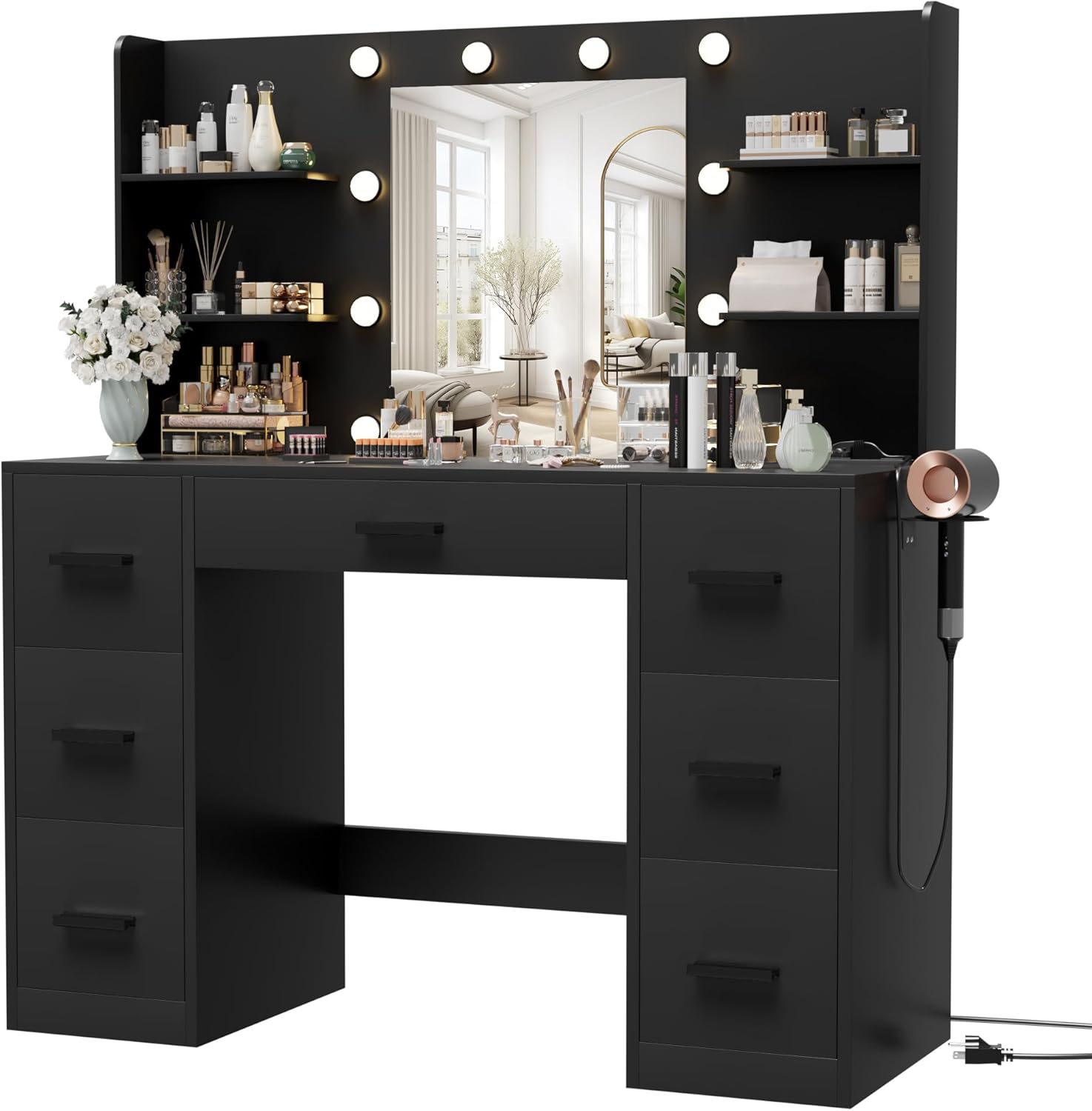 Furmax Black Makeup Vanity Desk with LED Mirror Lights, Power Outlet, 7 Drawers & 6 Shelves - Bedroom Dressing Table