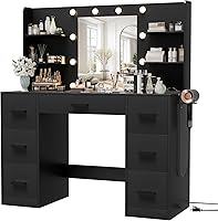 Furmax Black Makeup Vanity Desk with LED Mirror Lights, Power Outlet, 7 Drawers & 6 Shelves - Bedroom Dressing Table