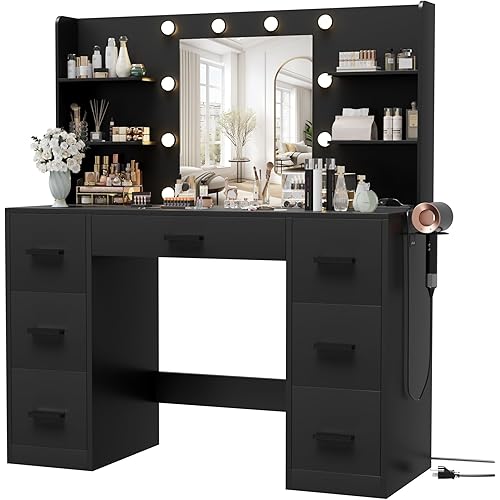 Furmax Vanity Desk with Mirror, LED Lights and Power Outlet Makeup Vanity Table with 7 Drawers and 6 Storage Shelves Dressing Table for Bedroom Dressing Room (Black)