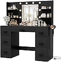 Furmax Vanity Desk with Mirror, LED Lights and Power Outlet Makeup Vanity Table with 7 Drawers and 6 Storage Shelves Dressing Table for Bedroom Dressing Room (Black)