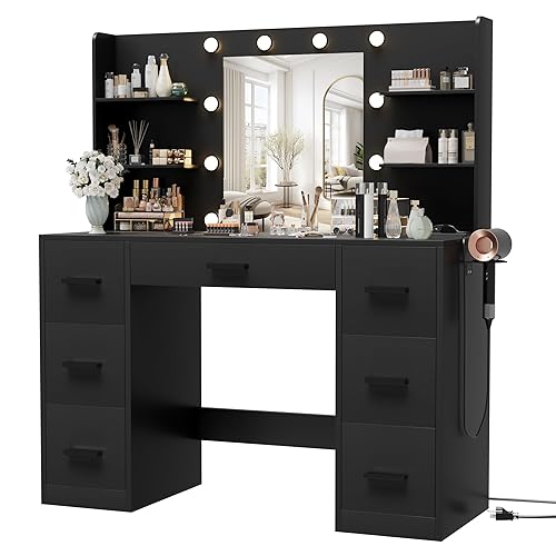 Furmax Vanity Desk with Mirror, LED Lights and Power Outlet Makeup Vanity Table with 7 Drawers and 6 Storage Shelves Dressing Table for Bedroom Dressing Room (Black) - Black