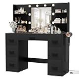 Furmax Vanity Desk with Mirror, LED Lights and Power Outlet Makeup Vanity Table with 7 Drawers and 6 Storage Shelves Dressing Table for Bedroom Dressing Room (Black)
