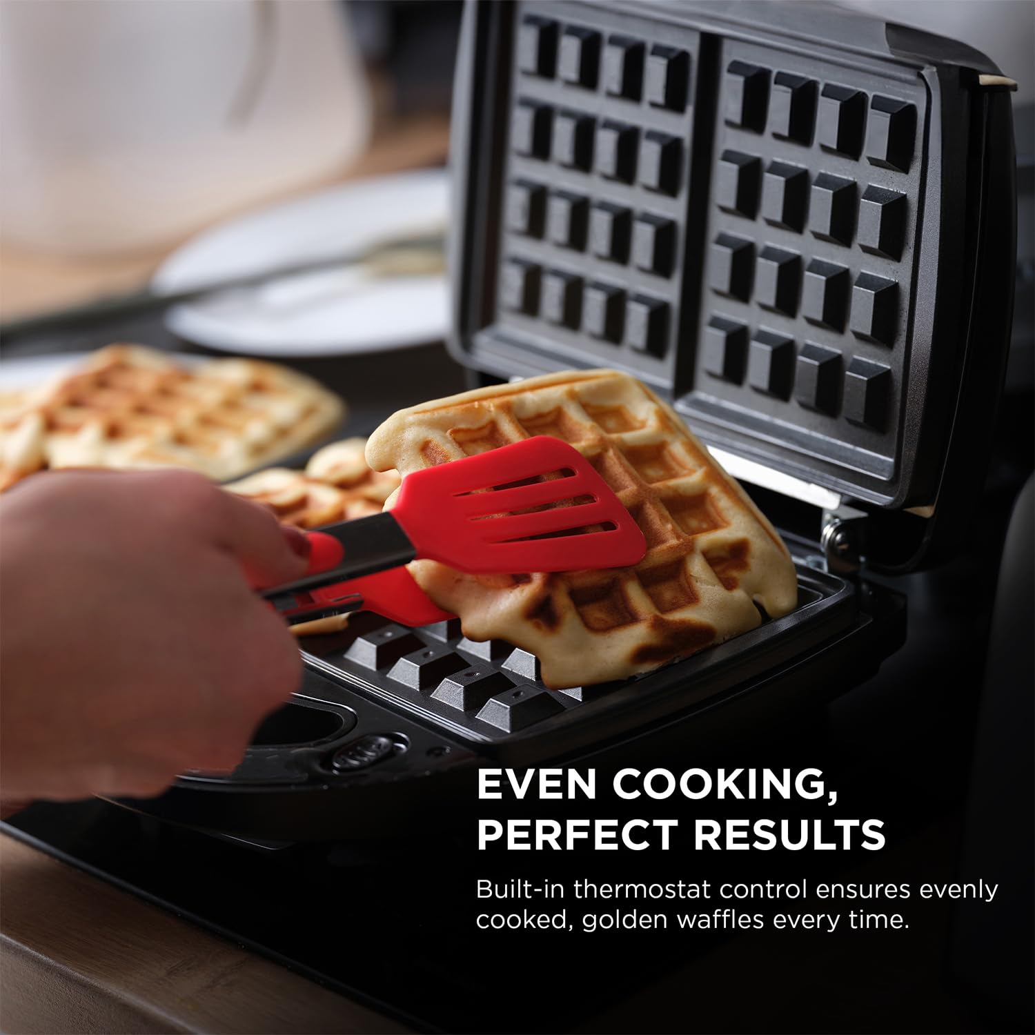 Glen Electric Waffle Maker for Home 750W | Cool Touch Waffle Maker with Non-Stick Coating Plates | Thermostat Control | Compact Vertical Storage | Black (3024WMBL) 1