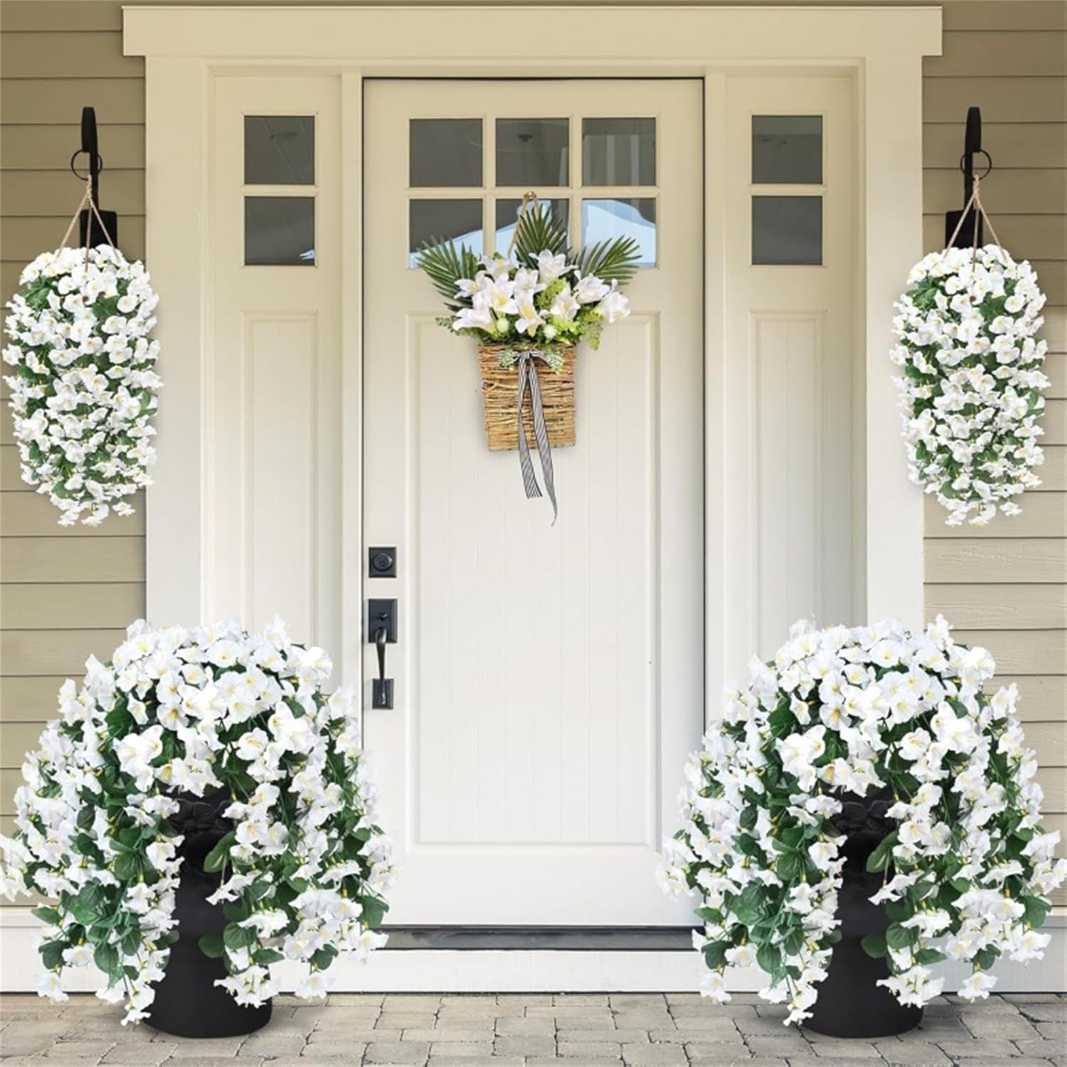 4Pack Realistic Glory Artificial Hanging Flowers, Durable Silk Fake Flowers, Artificial Petunias for Patiofor Wall Front Door Yard Garden Wedding Outdoor Decoration (White)