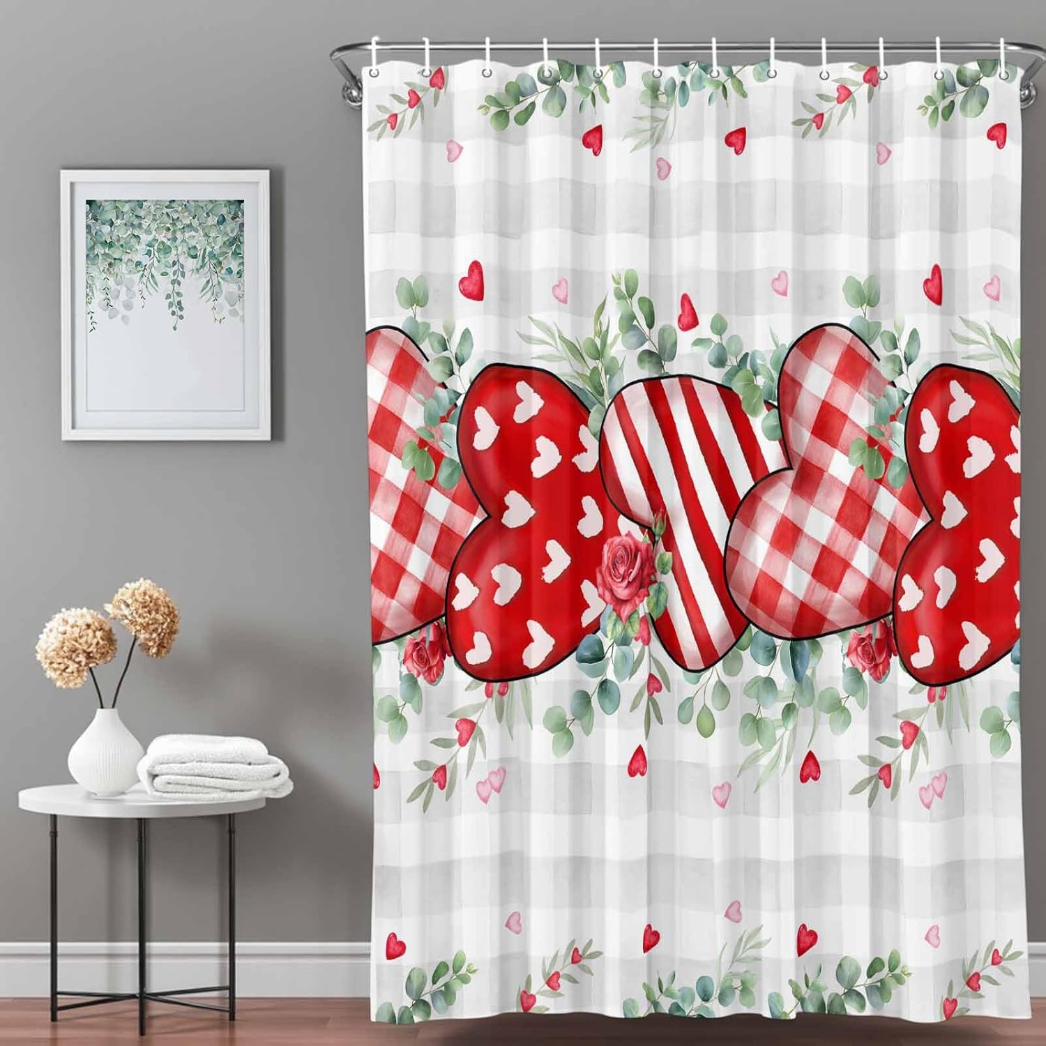 Valentine's Day Shower Curtain Love Heart Rose Bathroom Curtains with Hooks, Waterproof Fabric Eucalyptus Leaves Plaid Shower Curtains Set for Bathroom Bathtubs Valentine Holiday Decor Gift 72x96 Inch