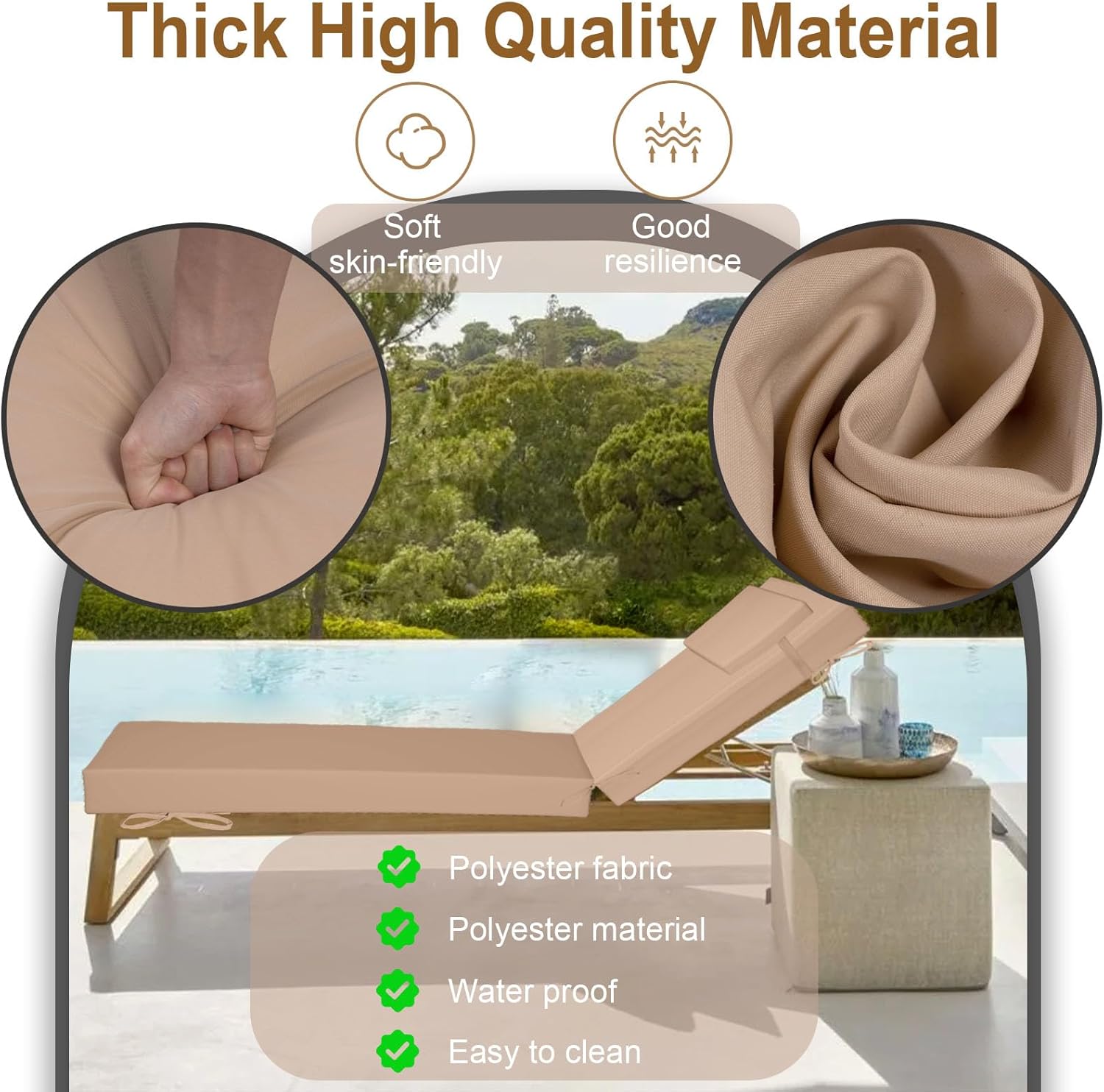 Chaise Lounge Cushions Outdoor Set of 2, Lounge Chair Cushion with Pillow,Waterproof Fade&Tear Resistant Sun Lounger Replacement Pad with Removable Cover for Patio Pool Deck Lawn(Beige,72x21x3in)