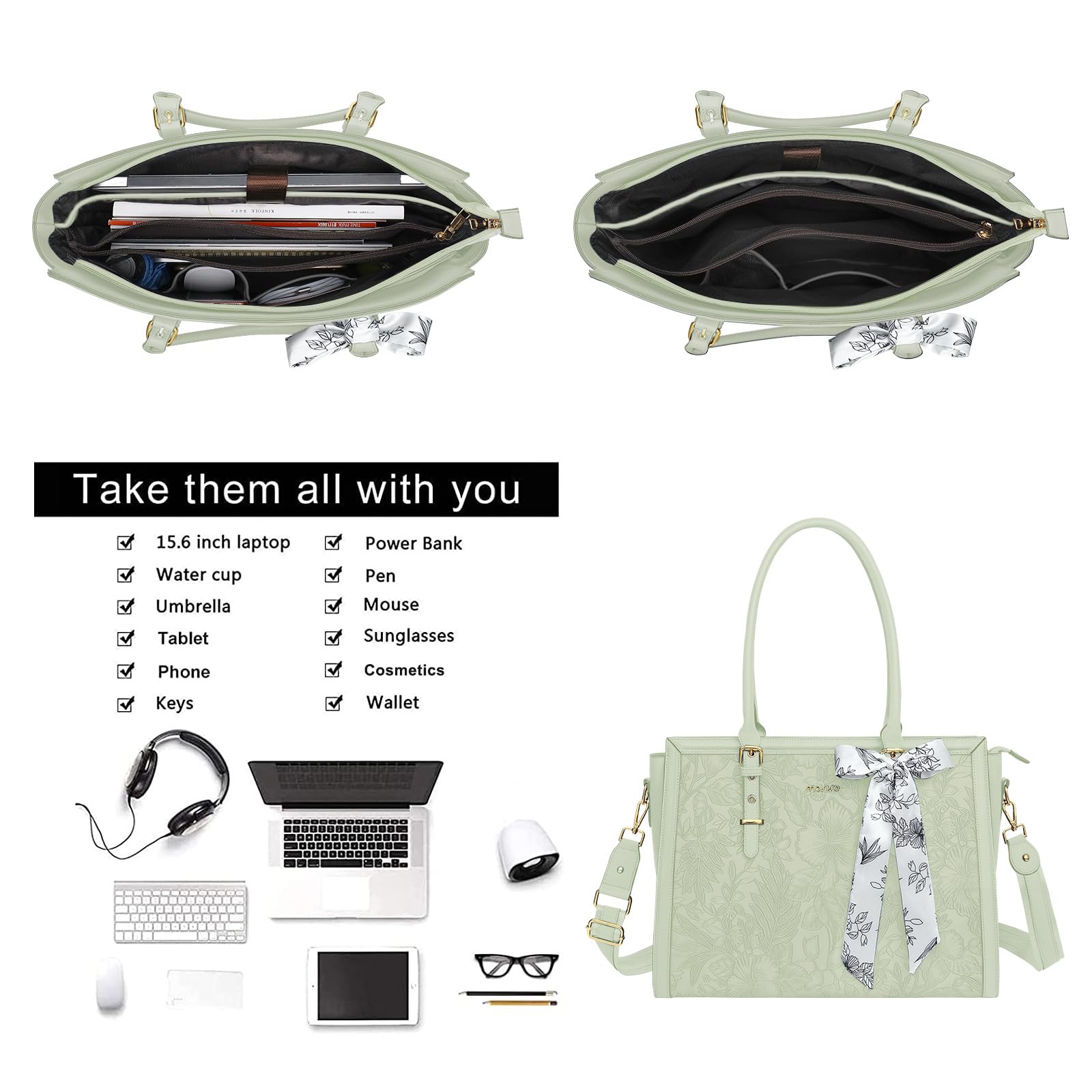 MOSISO 17,3 Pulgadas PU Maletin Portatil de Mujer, Compatible con MacBook | /HP,Dell,Asus Notebook,Frente Relieve Retro Hibiscus Oficina Ordenador Bolsa con Seda Pañuelo&Monedero,Verde Salvia