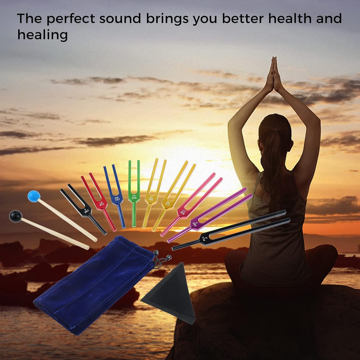 9 PCS Solfeggio Tuning Fork Set for Healing Set with Hammers, Storage Bag