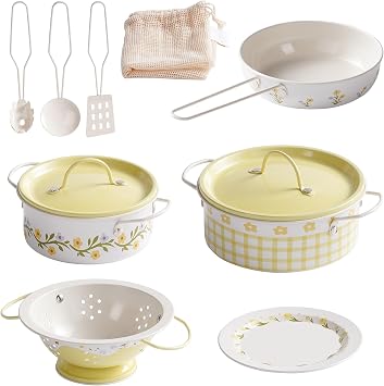 ROBOTIME Kids Pots and Pans Playset 9 PCS Pretend Play Kitchen Accessories Set with Metal Cookware, Cooking Utensils & Storage Bag Toy Pots and Pans for Toddlers Age 3+ Yellow
