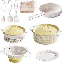 ROBOTIME Kids Pots and Pans Playset 9 PCS Pretend Play Kitchen Accessories Set with Metal Cookware, Cooking Utensils & Storage Bag Toy Pots and Pans for Toddlers Age 3+ Yellow