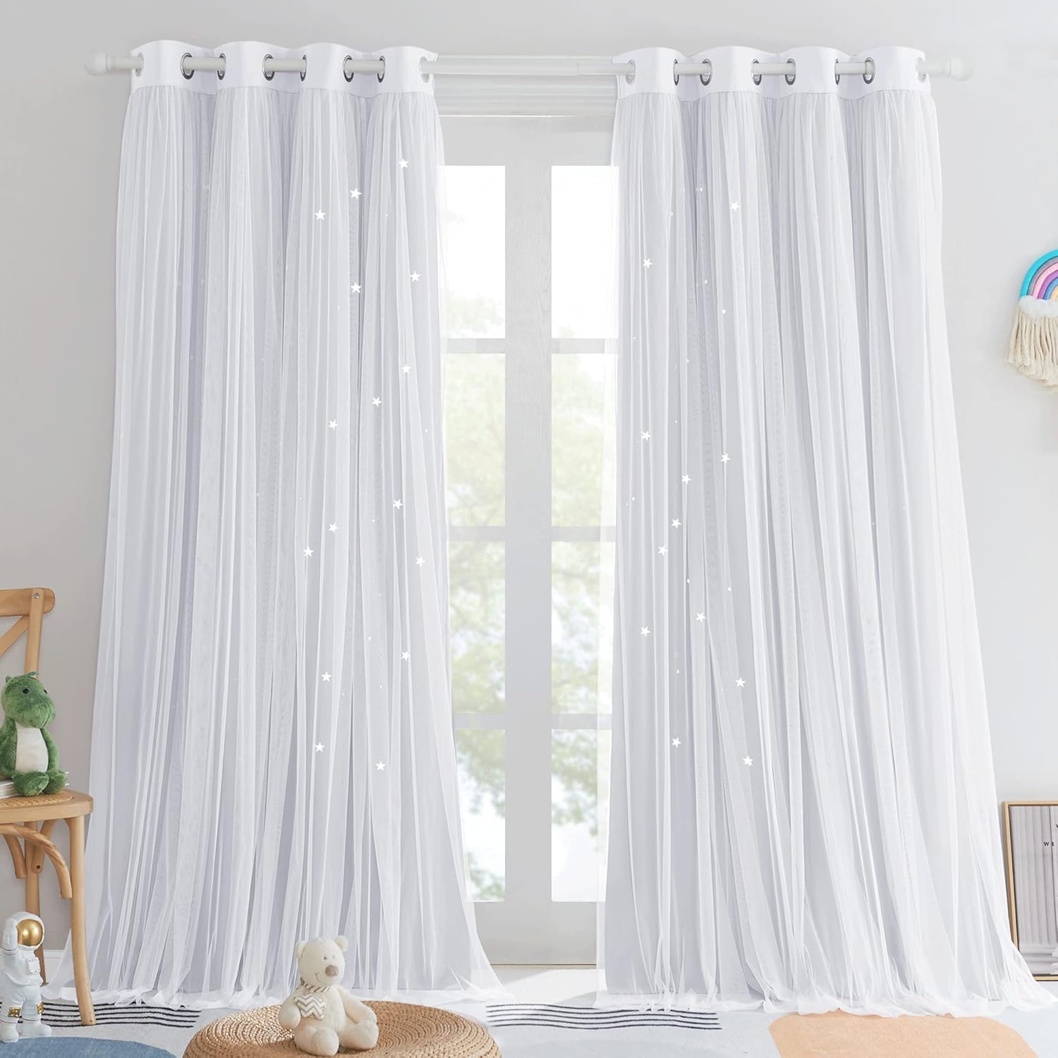 Pony Dance Girls Curtains for Bedroom - Star Cutouts Drapes for Kids Double Layer Curtain Voile Overlay Room Darkening Shiny Decor Pretty Princess, 52x84 inch, Greyish White, 2 PCs
