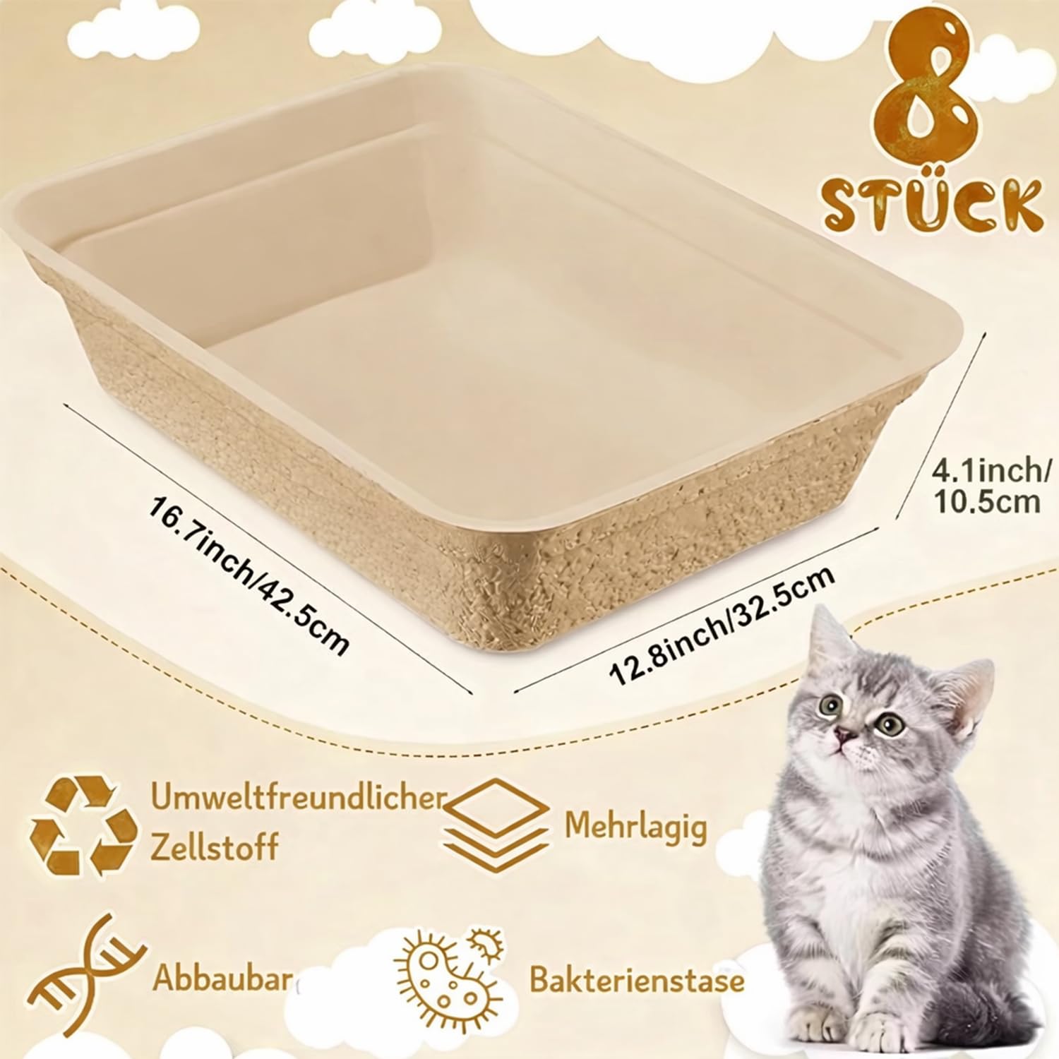Lot de 8 bacs à litière jetables en papier pour chat, hamster, cochon d'Inde, souris, petits animaux - 42,5 x 32,5 x 10,5 cm