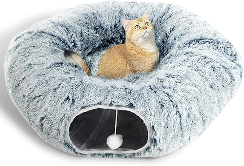 Miniatura 6 de AUOON Cama túnel para gatos con alfombrilla central, juguetes de tubo grande, material de felpa suave, forma de luna llena para gatitos, gatos,