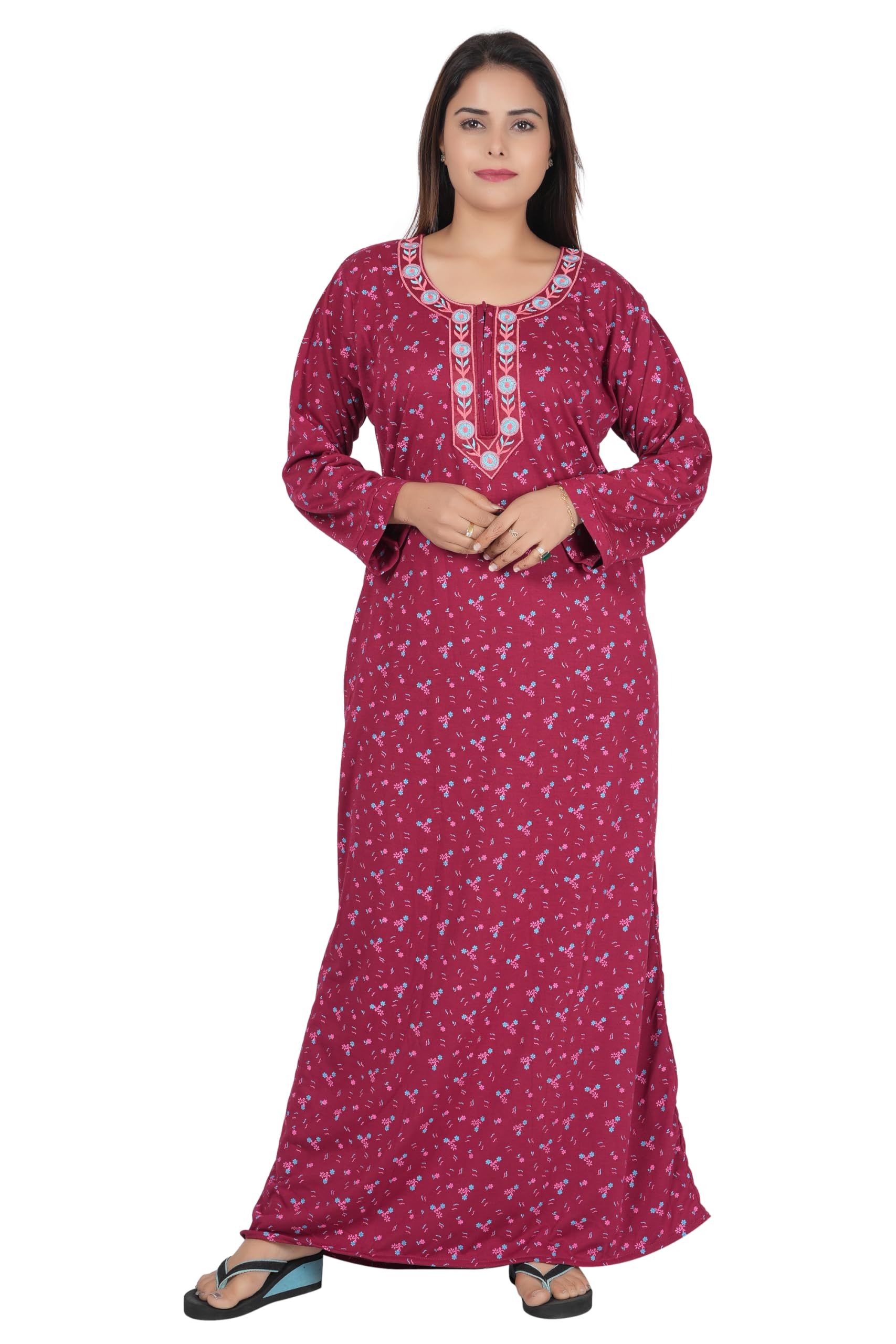 ren star Women's Hosiery Cotton Nighty| Full Sleeves | Night Wear | Maxi for Women | Size-Large, Round Shaped Neck (Article-SK-040) Maroon-picture-25