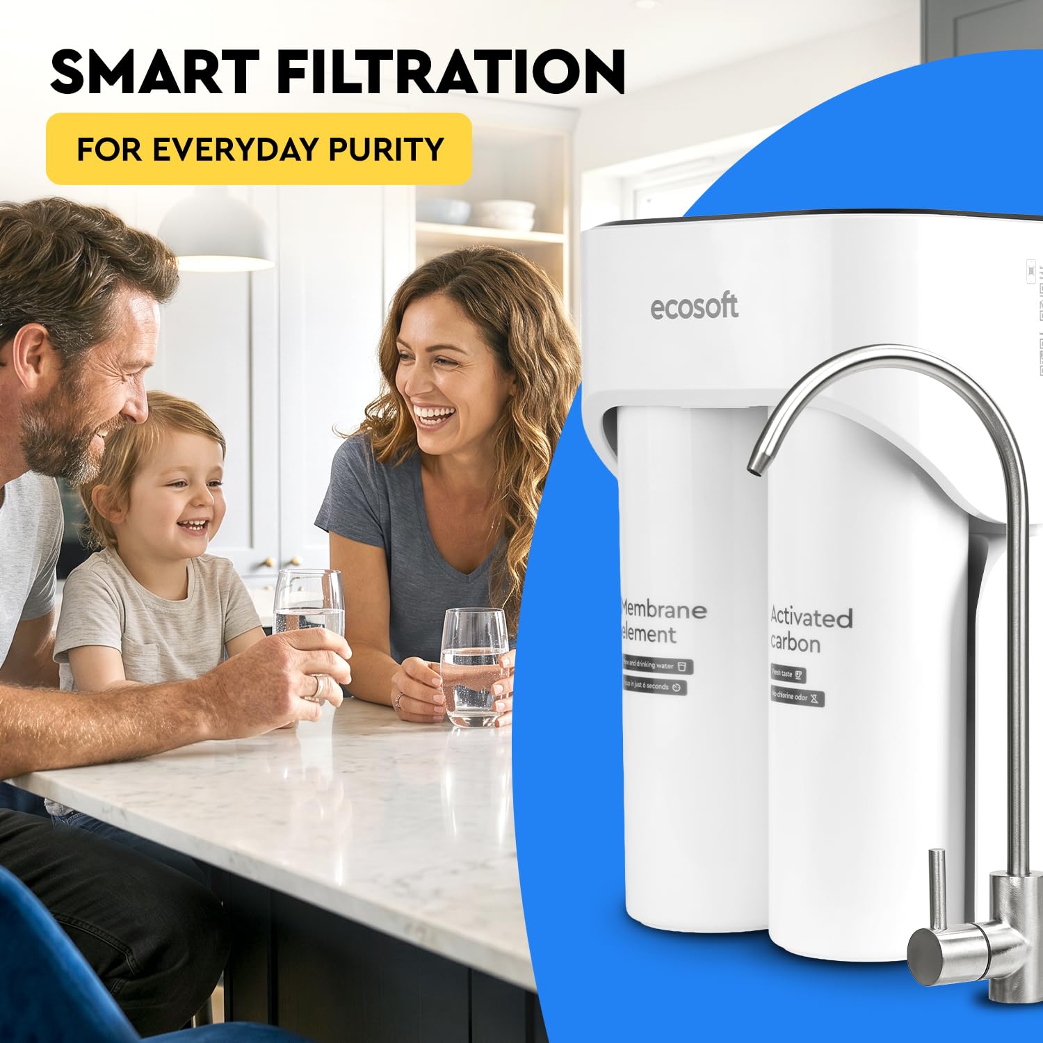 Ecosoft CROSS MAX Umkehrosmoseanlage ohne Tank – Direct Flow Untertisch-RO-Wasserfilter, 800 GPD, 2 L/min, 4-stufige Filtration in 2 Kartuschen, schneller werkzeugloser Kartuschenwechsel