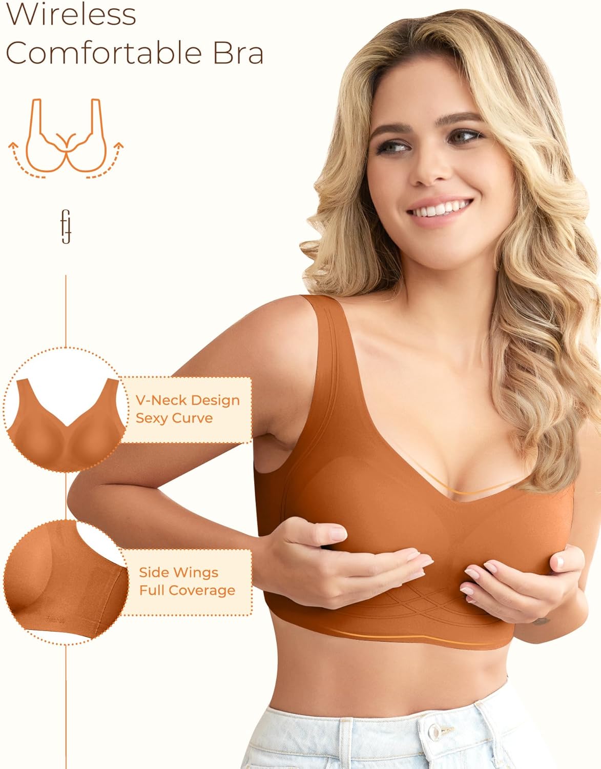 Wireless Bras for Women, Seamless Full Coverage Comfortable Soft V Neck No Underwire Support Push Up Everyday Bra