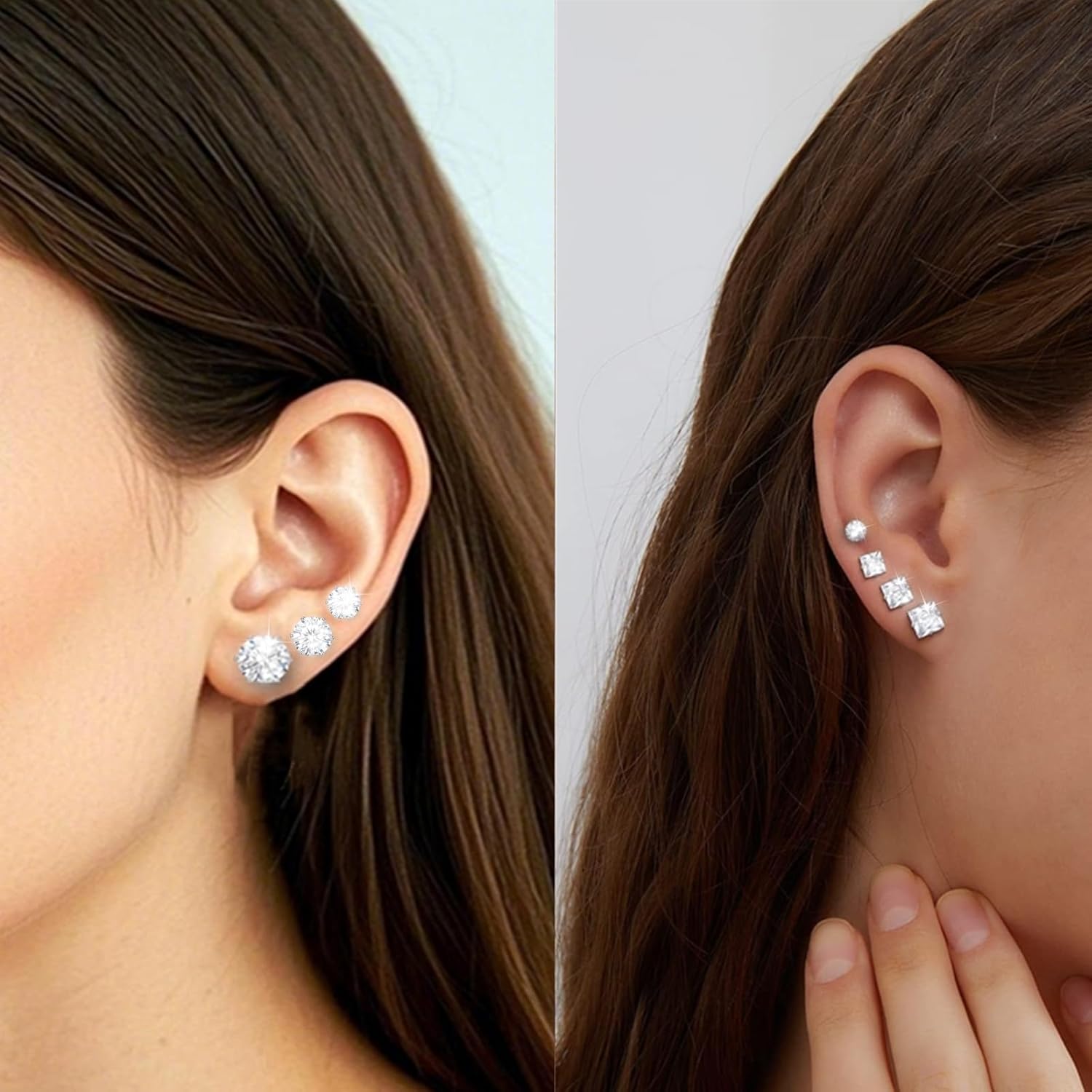 Square Round Diamond Stud Earrings Set 7 Pair Hypoallergenic Silver Gold Black Cubic Zirconia Diamond Surgical Steel Square Round CZ Stack Cartilage Multiple Piercing Stud Earring Set for Women Men - Image 5