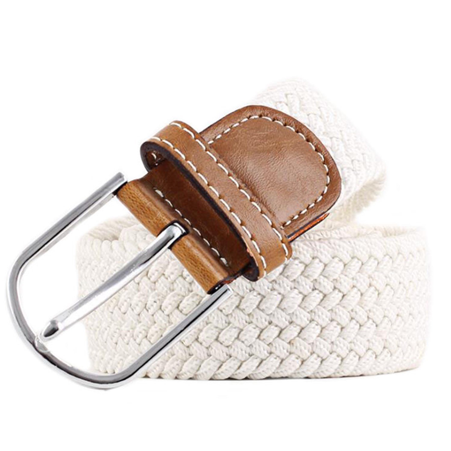 MESHIKAIER41 * 1.3 Inch Pure Color Unisex Elastic Fabric Braided Stretch Belt Casual Men Women Waist Belt with PU Leather Buckle