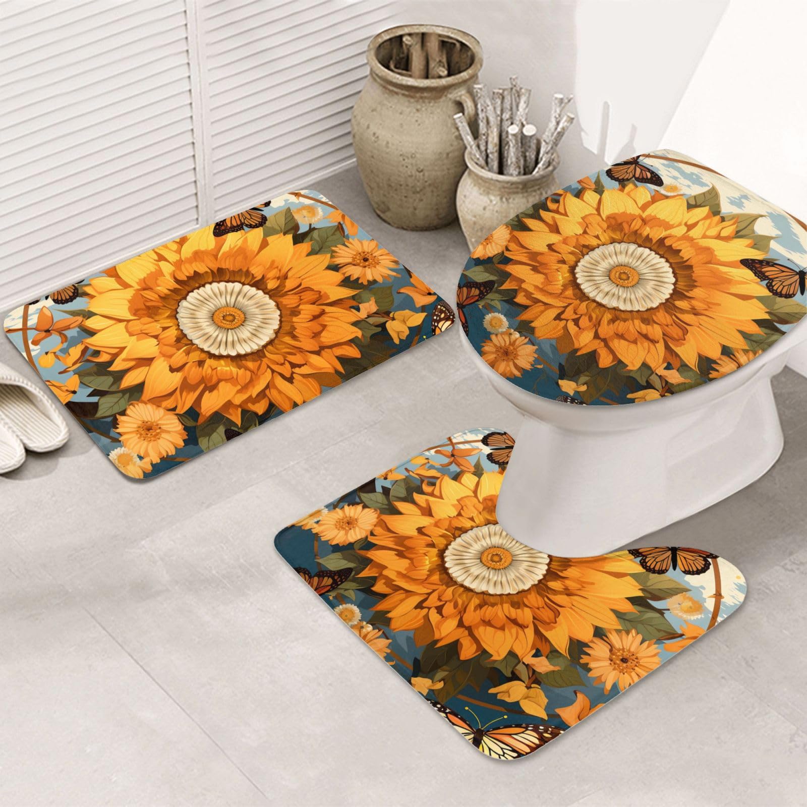 Tapis de bain antidérapant tournesol absorbant et lot de 3 protections WC pour sol sec