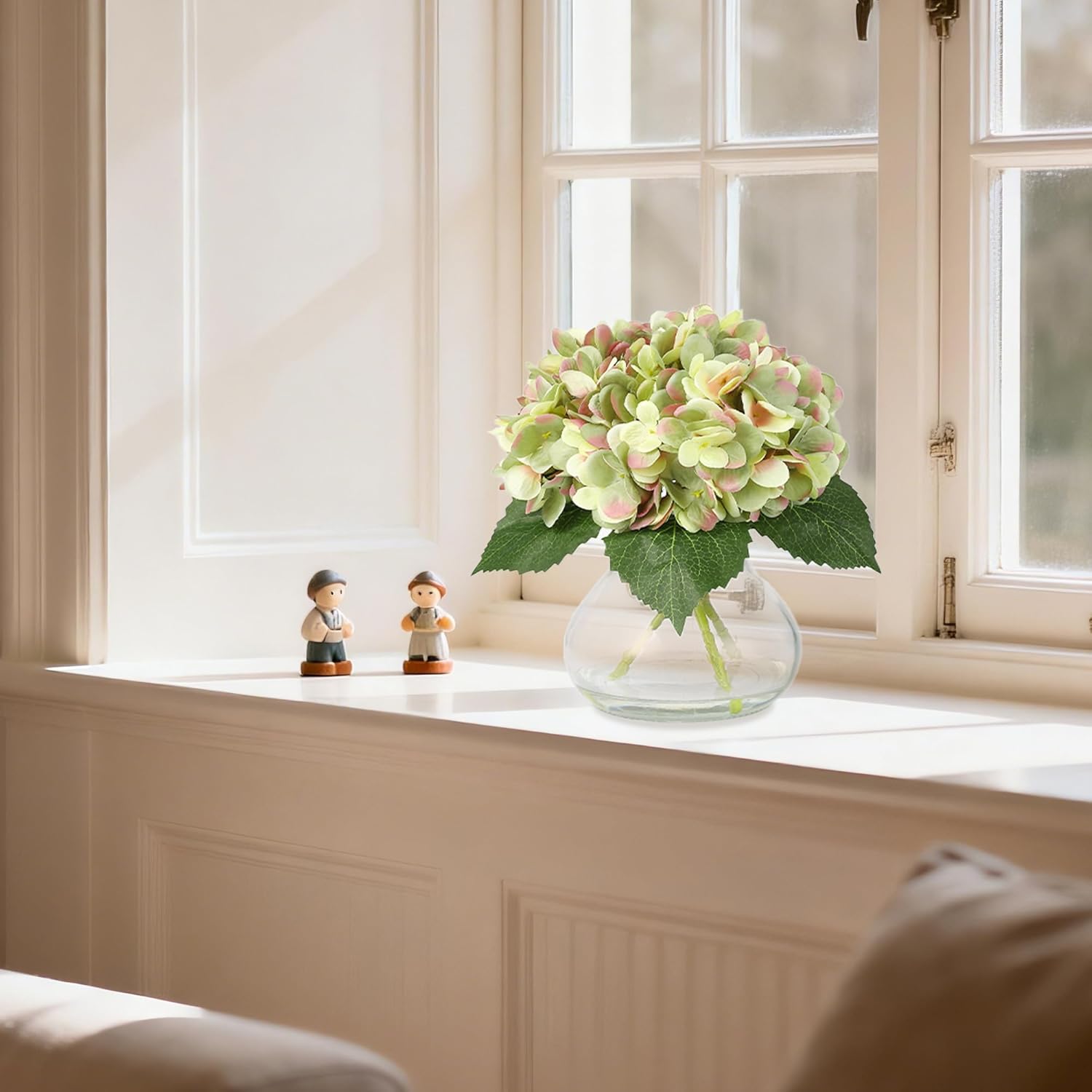 Silk Hydrangea Artificial Flowers in Vase with Faux Water, Green Fake Flower Arrangement in Glass Vase, Realistic Silk Hydrangeas Centerpiece for Wedding, Dining Table, Living Room, Home Decor - Image 7