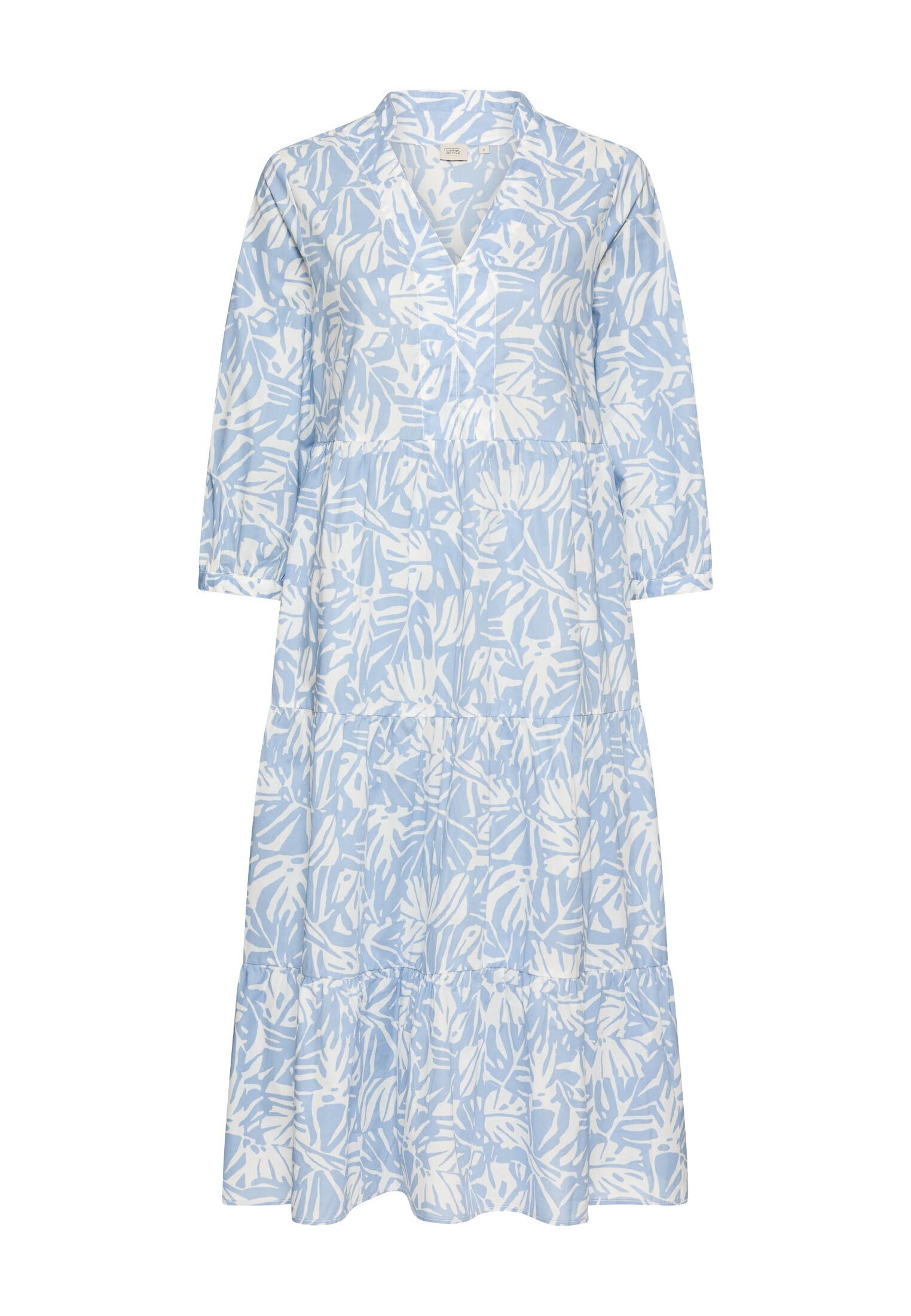 camel active Damen Sommerkleid mit Allover-Print | Mittellanges Kleid mit 3/4 Ärmel, Print, V-Ausschnitt und einem schicken Stehkragen für Alltag und Freizeit
