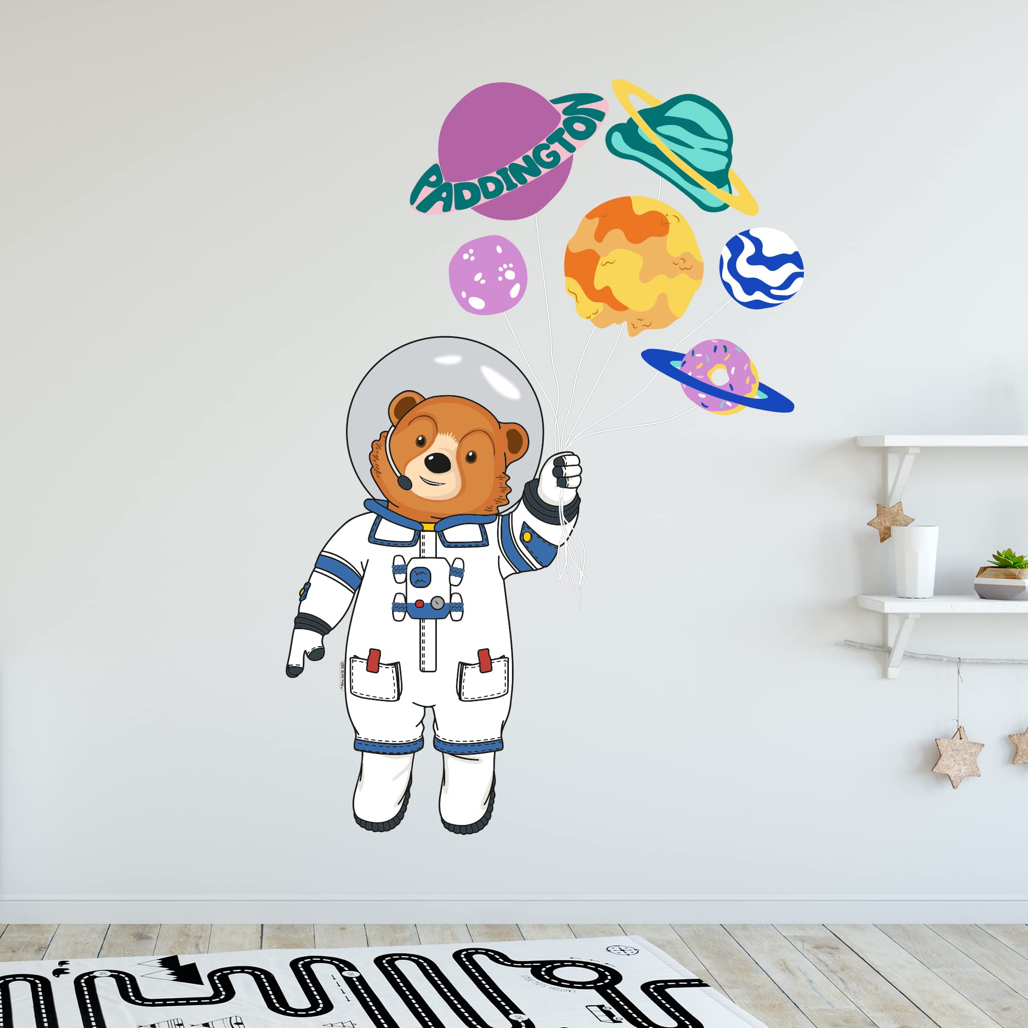 Paddington TV Wall Sticker - Space Planet Balloons Wall Decal Kids Art (120cm Height x 80cm Width)