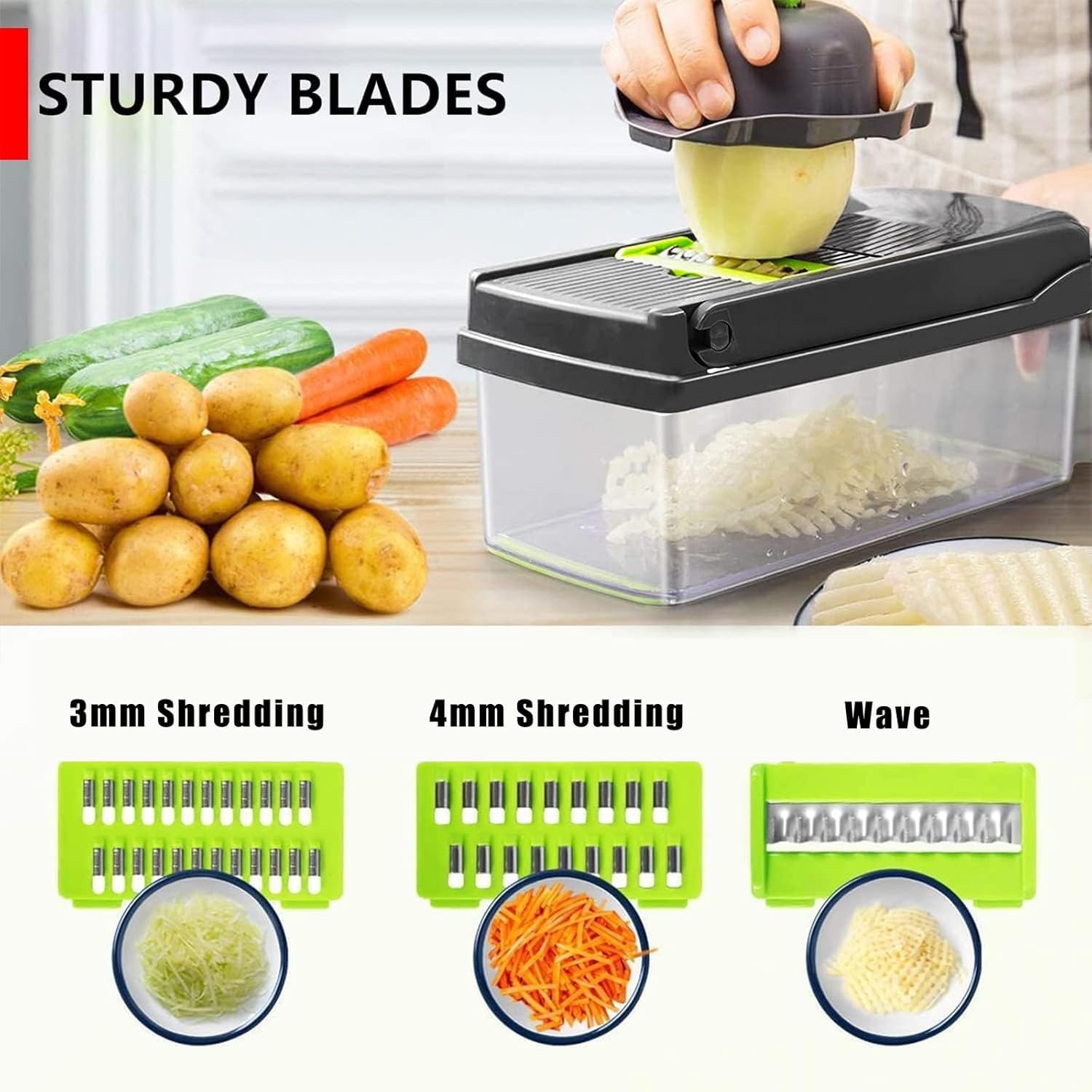 VALIDO 16 in 1 Veggie Slicer Multifunctional Vegetable Chopper Cutter Mandoline Slicer, Versatile Kitchen Tool with Interchangeable Blades, Colander Basket and Storage Container 4