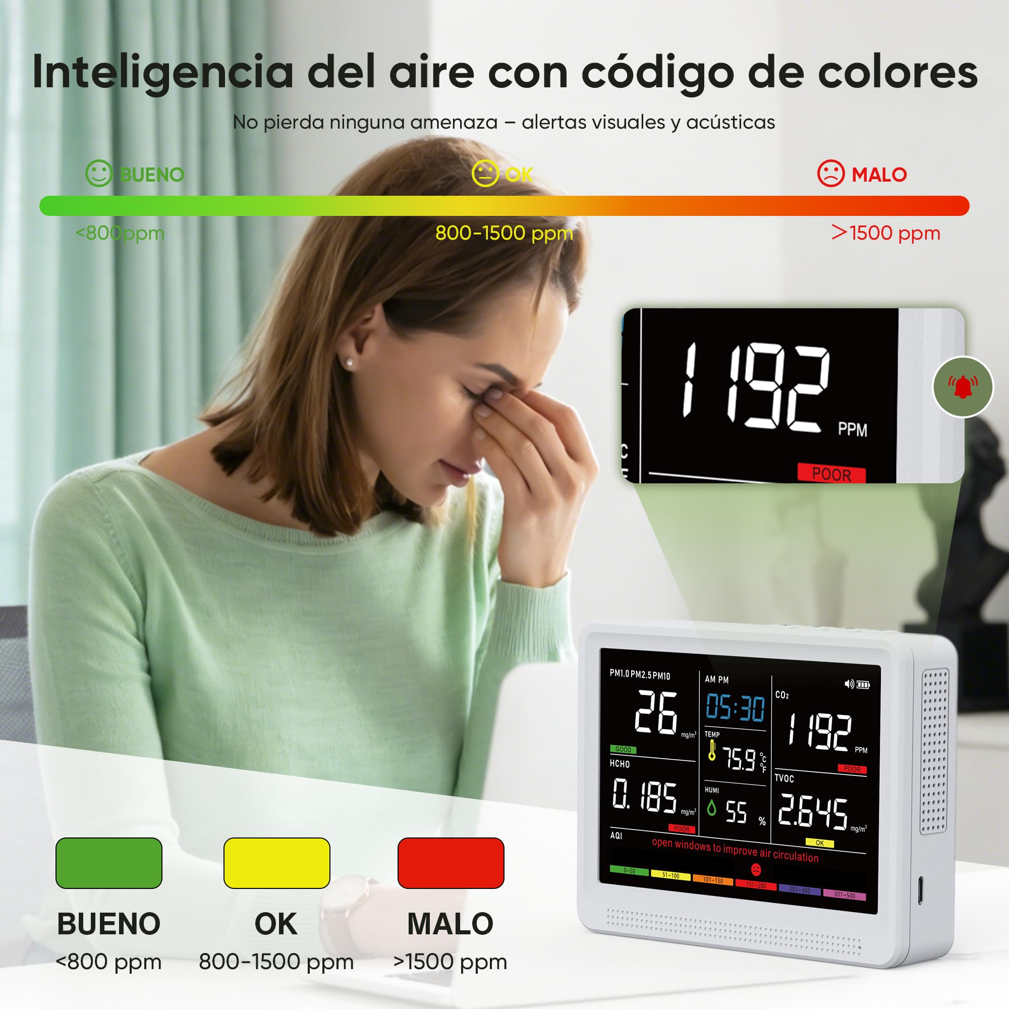 bonoch Medidor Calidad Aire Interior 16 en 1,5.5" Pantalla Medidor CO2 10h | Medidor Calidad Aire profesional 9 AQI + 7 alertas, CO2, TVOC, PM2.5, PM1.0, PM10, HCHO, Temp, Humedad, AQI, Hora