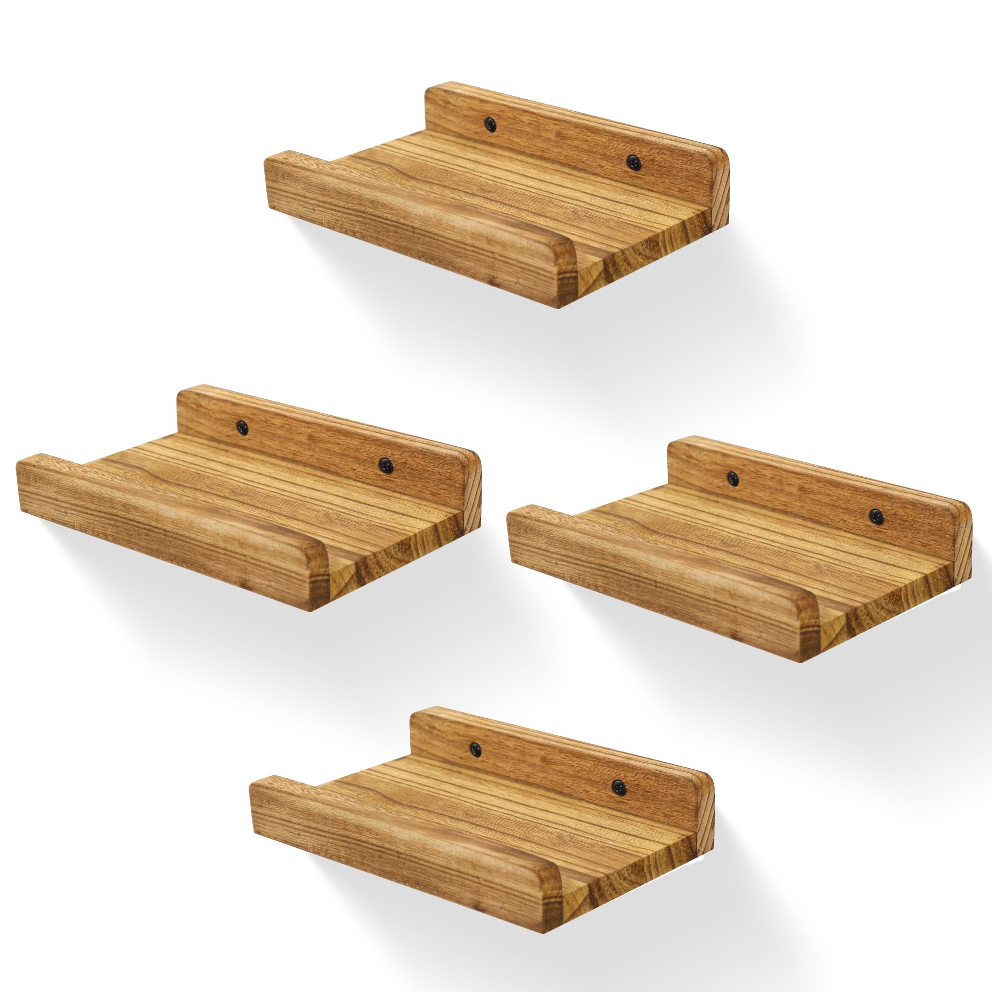 MIHORLIFE Solid Wood, 20cm Small Wall Picture Shelves Ledge, Rustic Wood Floating Shelf, Decorative Display Photo Racks For Living Room, Kitchen, Bedroom, Kitchen, Books, Set of 4, Carbonized Black