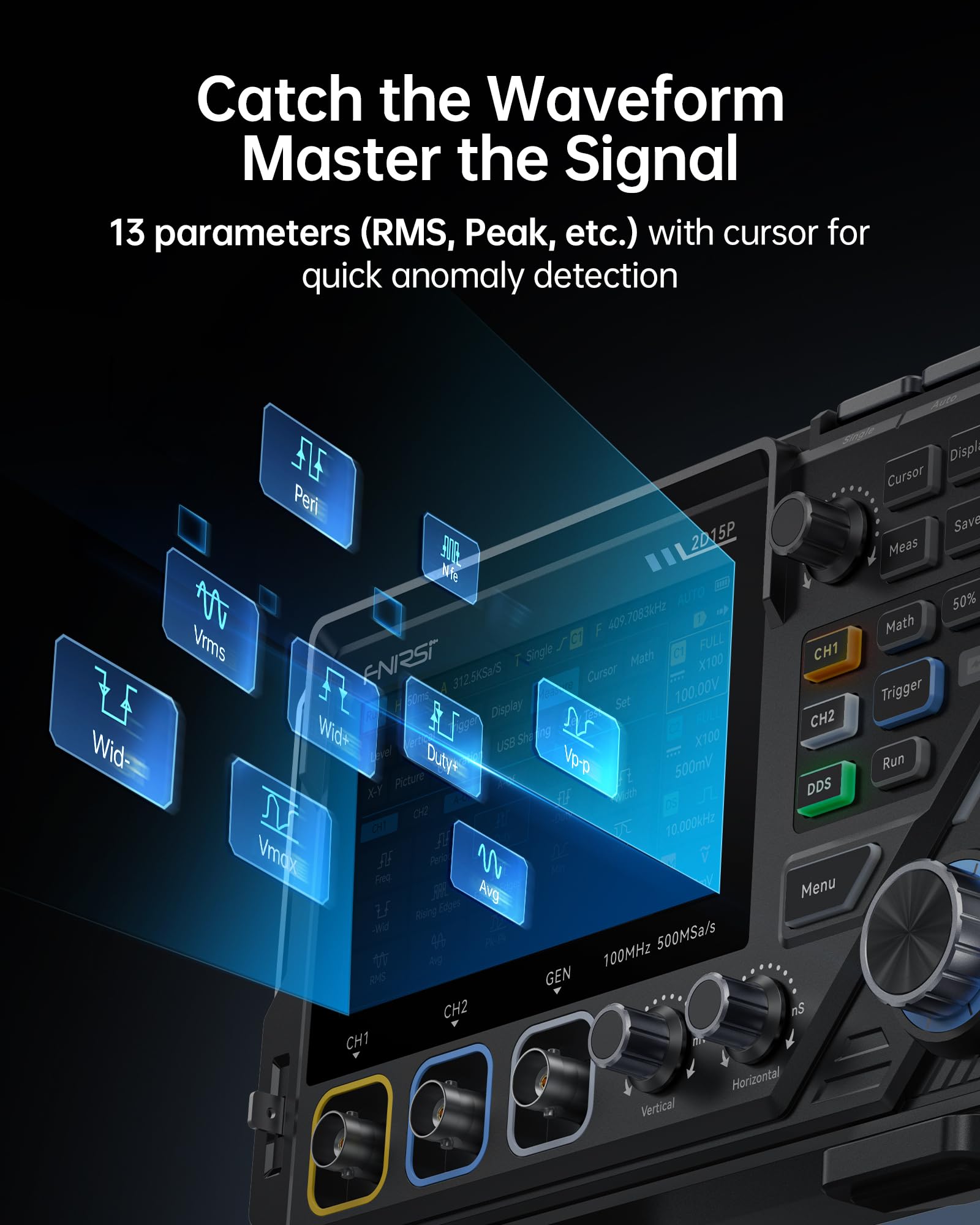 FNIRSI 2D15P 100MHz Digitale Oscilloscopio Multimetro Generatore di Segnale DDS 3in1, Multimetro a 2CH per L'industria Auto, 19.999 TRMS, Frequenza di Campionamento 500MS/s, Touchscreen da 4,3 Pollici